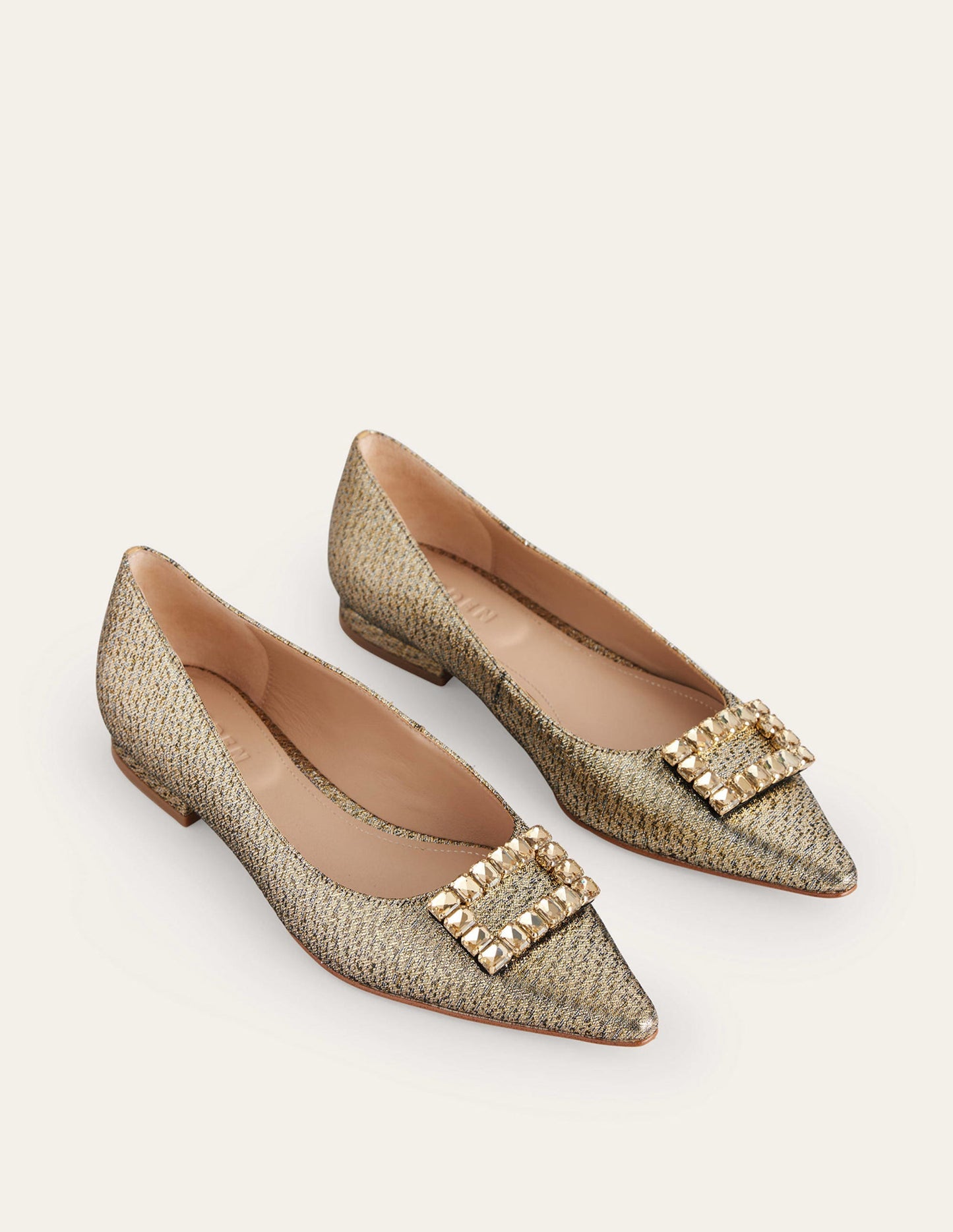 Jewelled-Buckle Flats-Gold Metallic