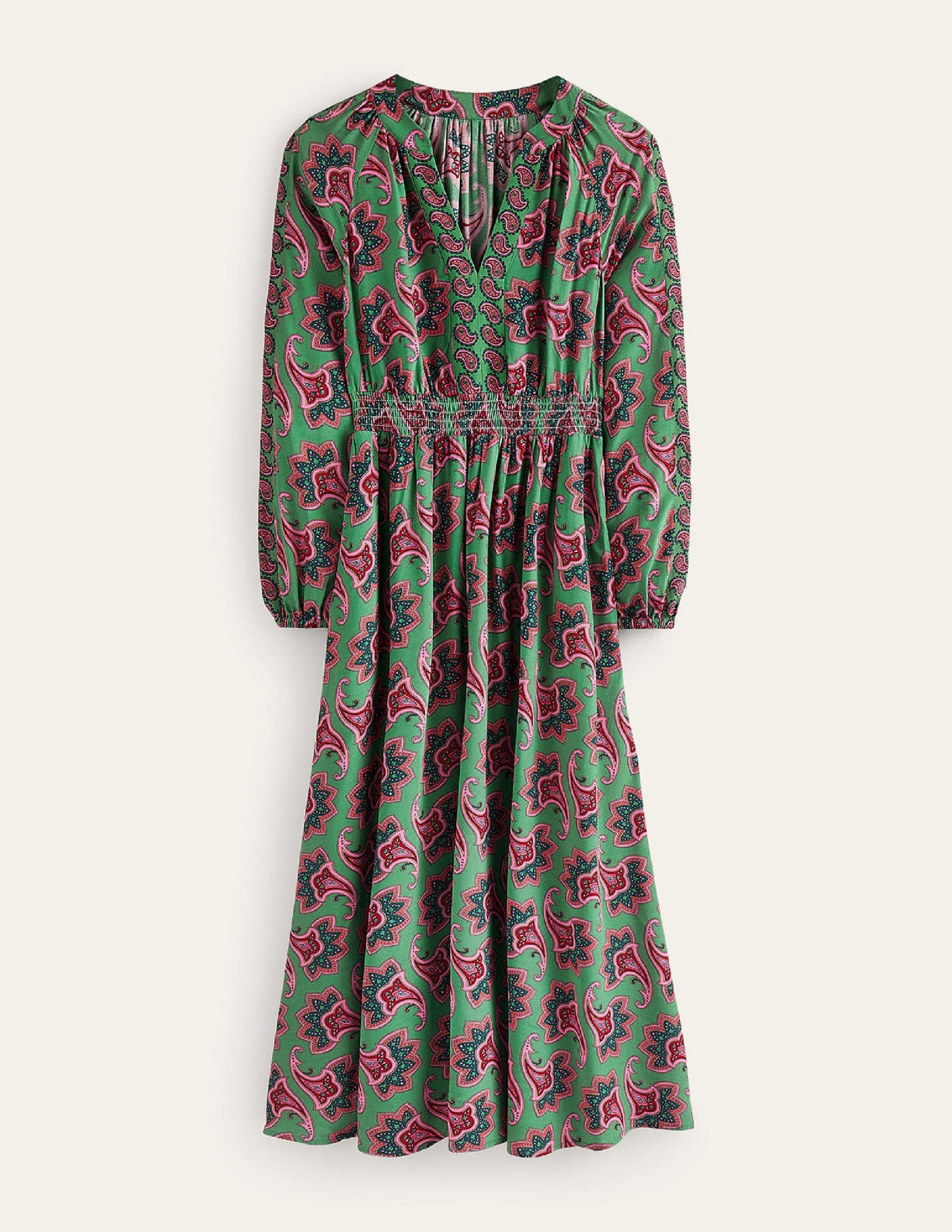 Border Print Raglan Midi Dress-Green, Paisley Amaryllis