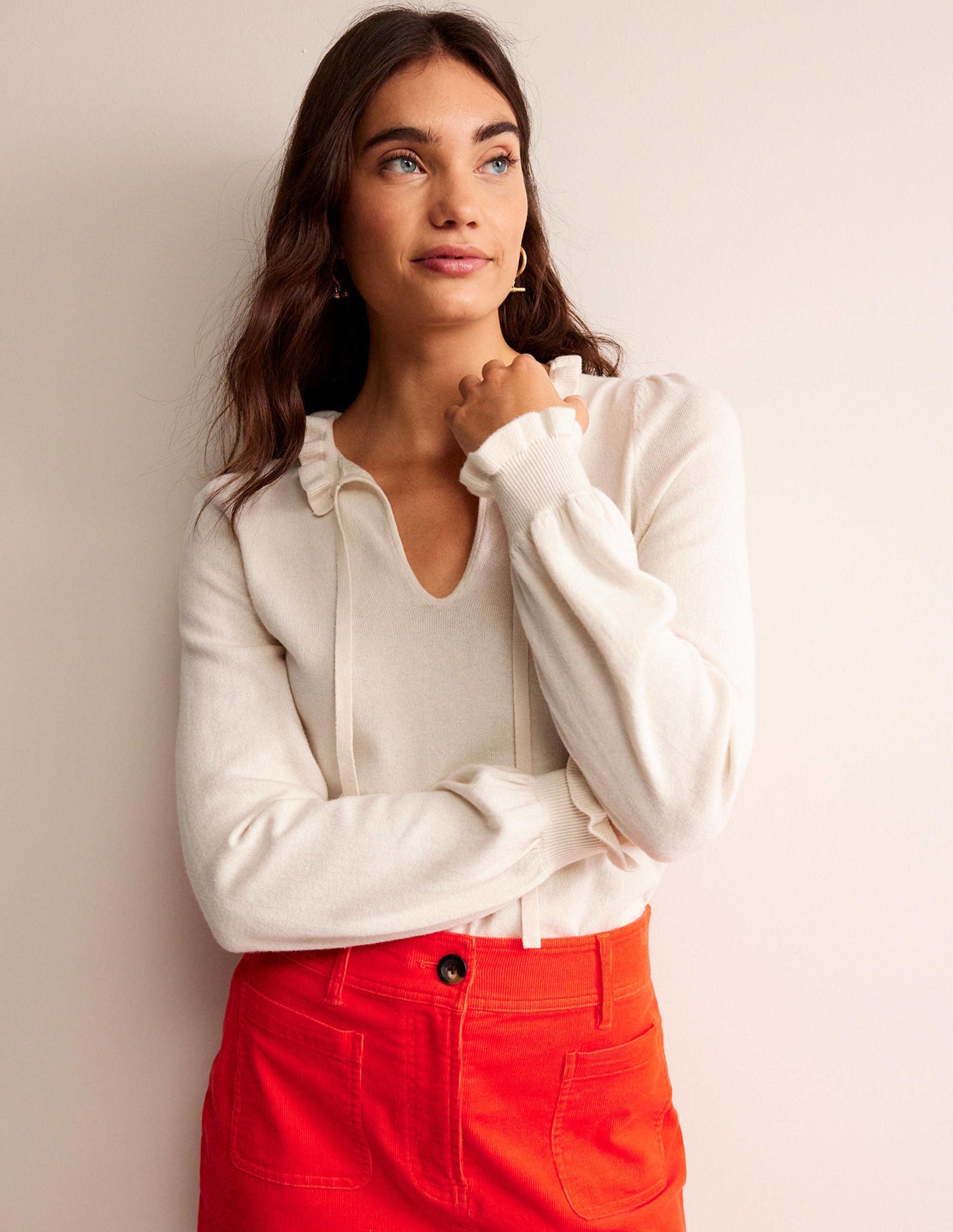 Ruffle Tie-Neck Jumper-Ivory