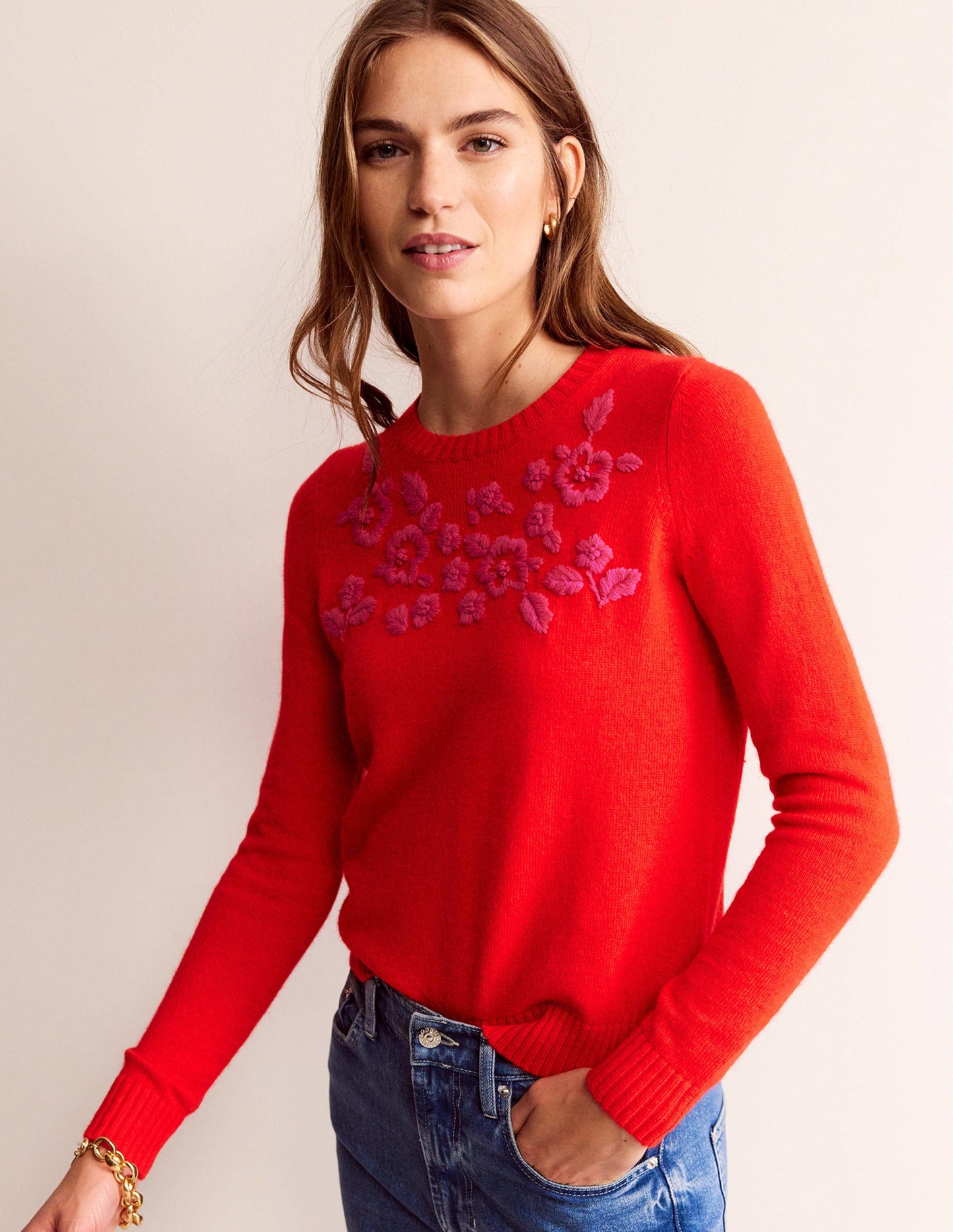 Embroidered Crew Neck Jumper-Brilliant Red