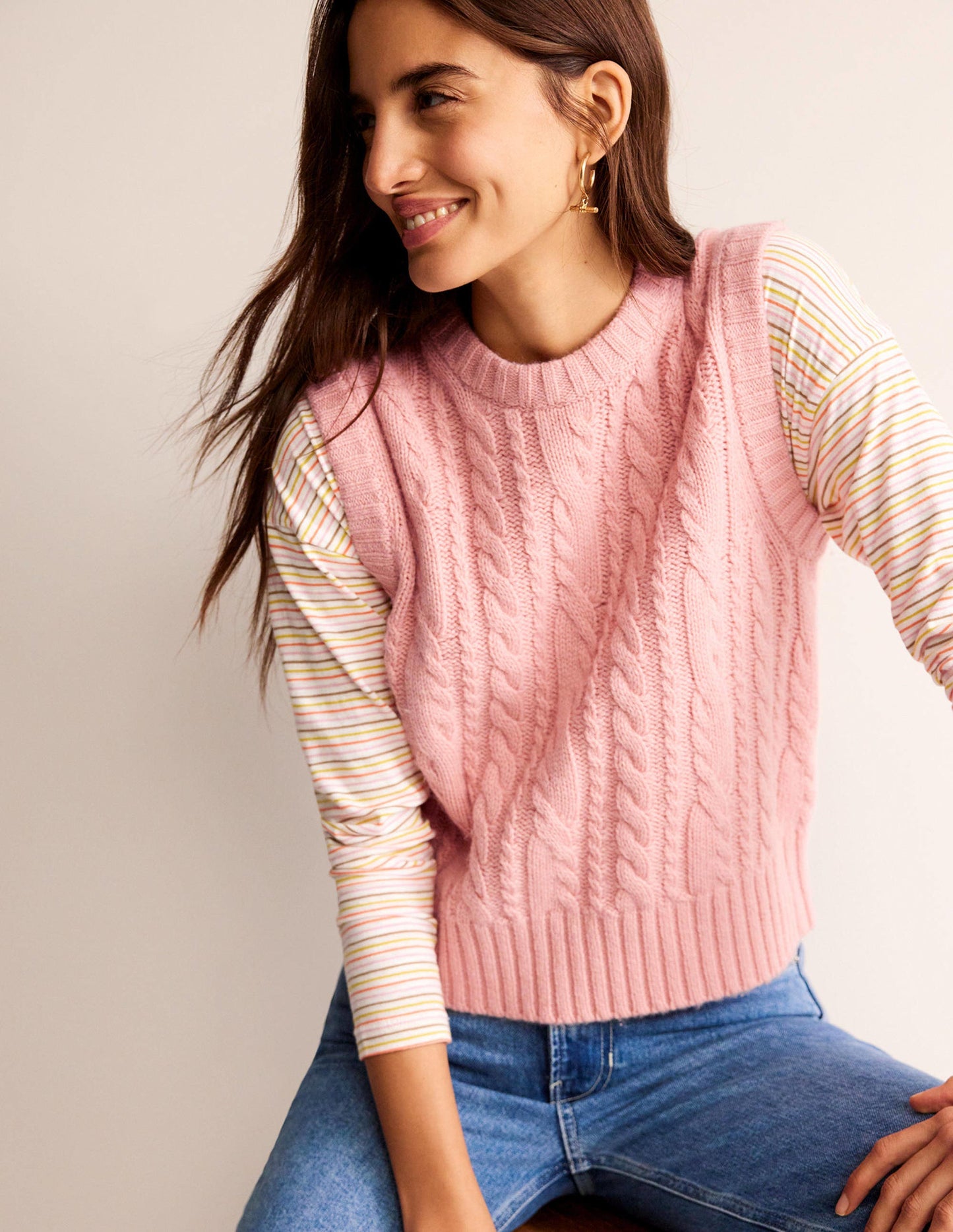 Cable Crew Neck Tank-Chalky Pink