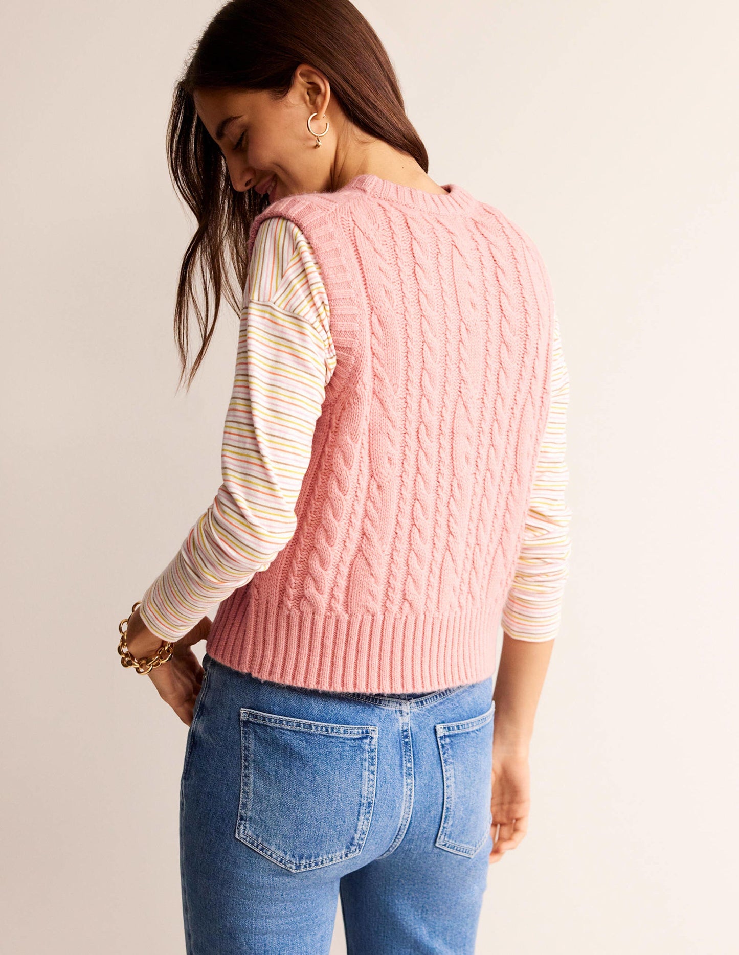 Cable Crew Neck Tank-Chalky Pink