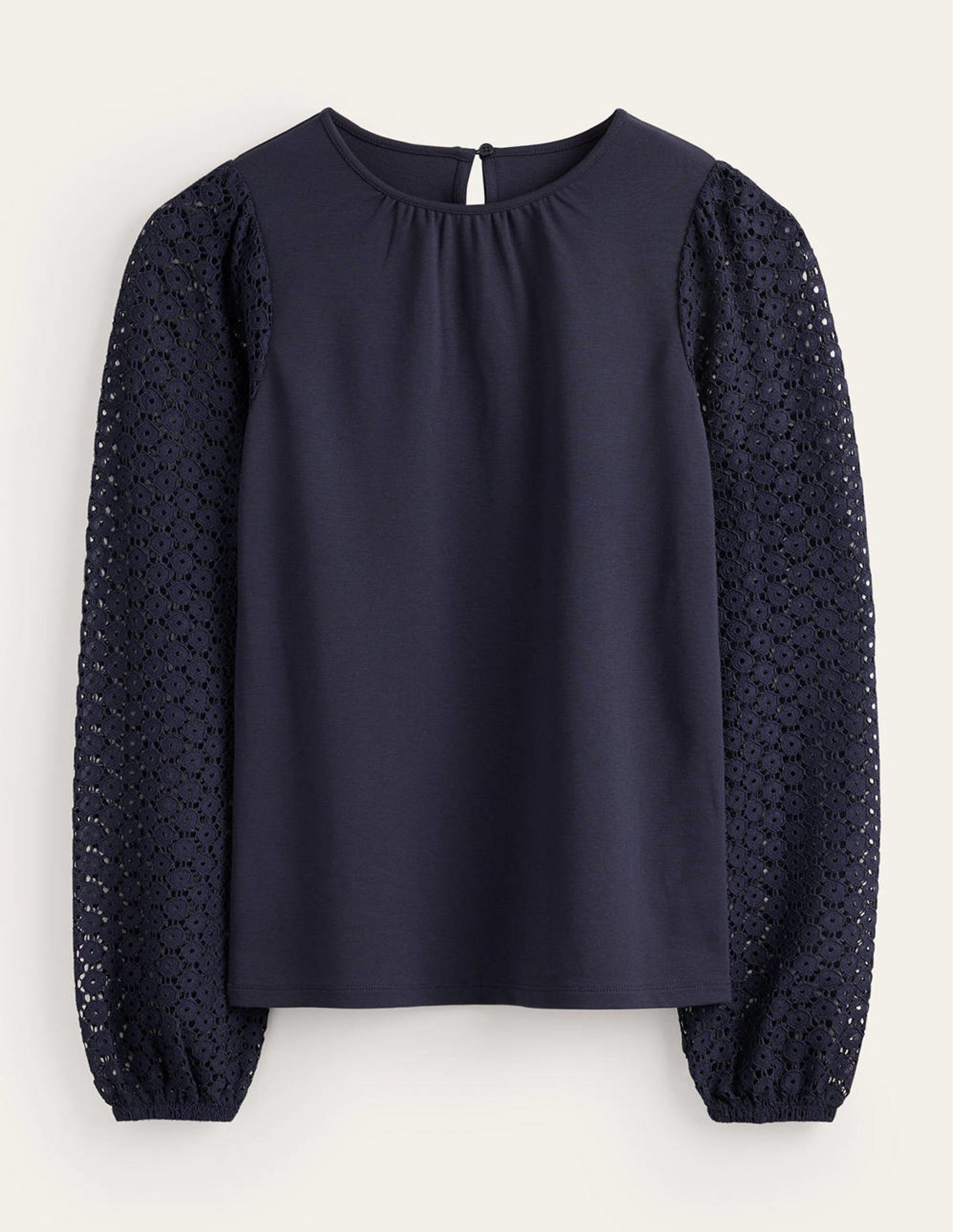 Crew Neck Lace-Sleeve Top-Navy