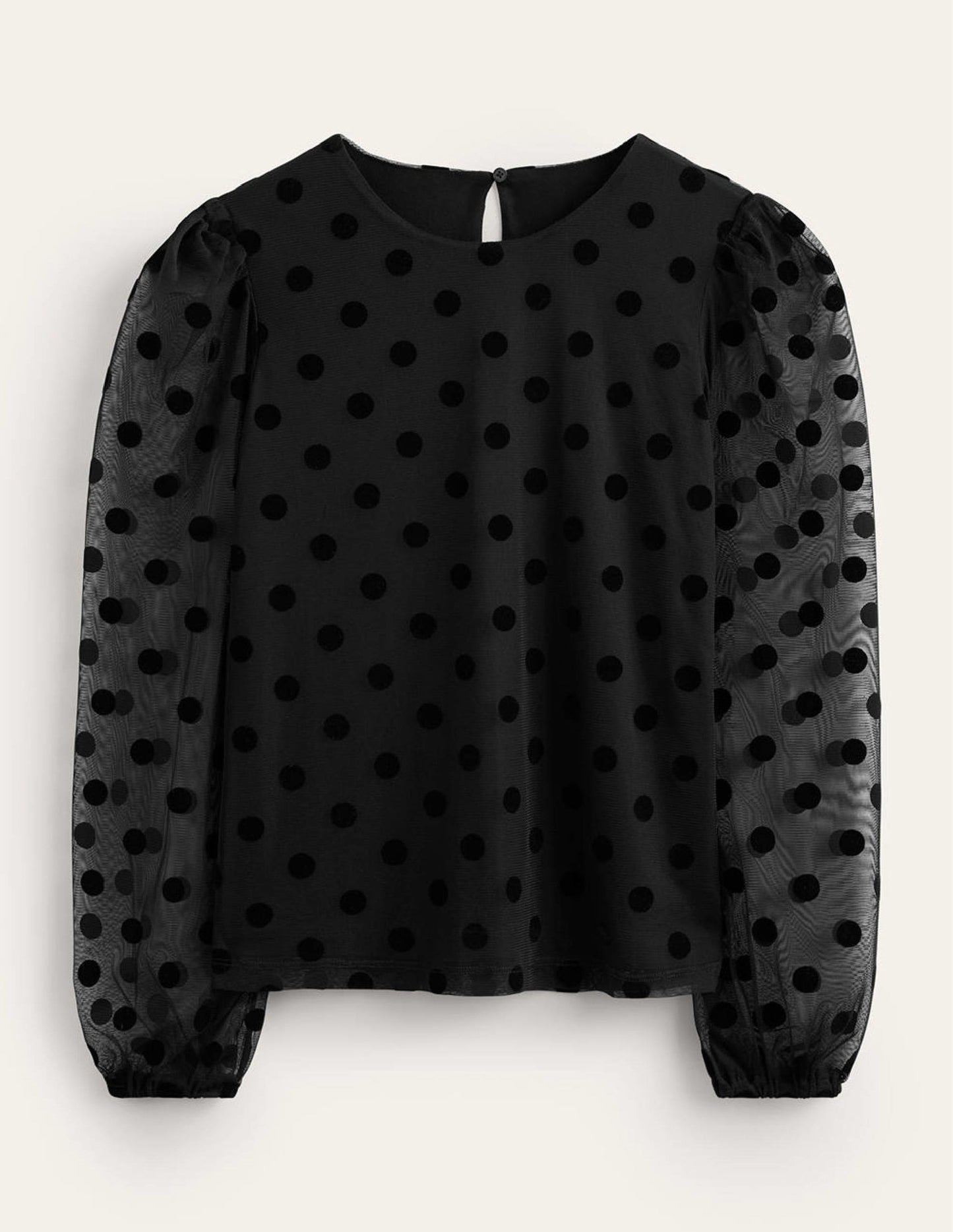 Puff-Sleeve Spotty Tulle Top-Black