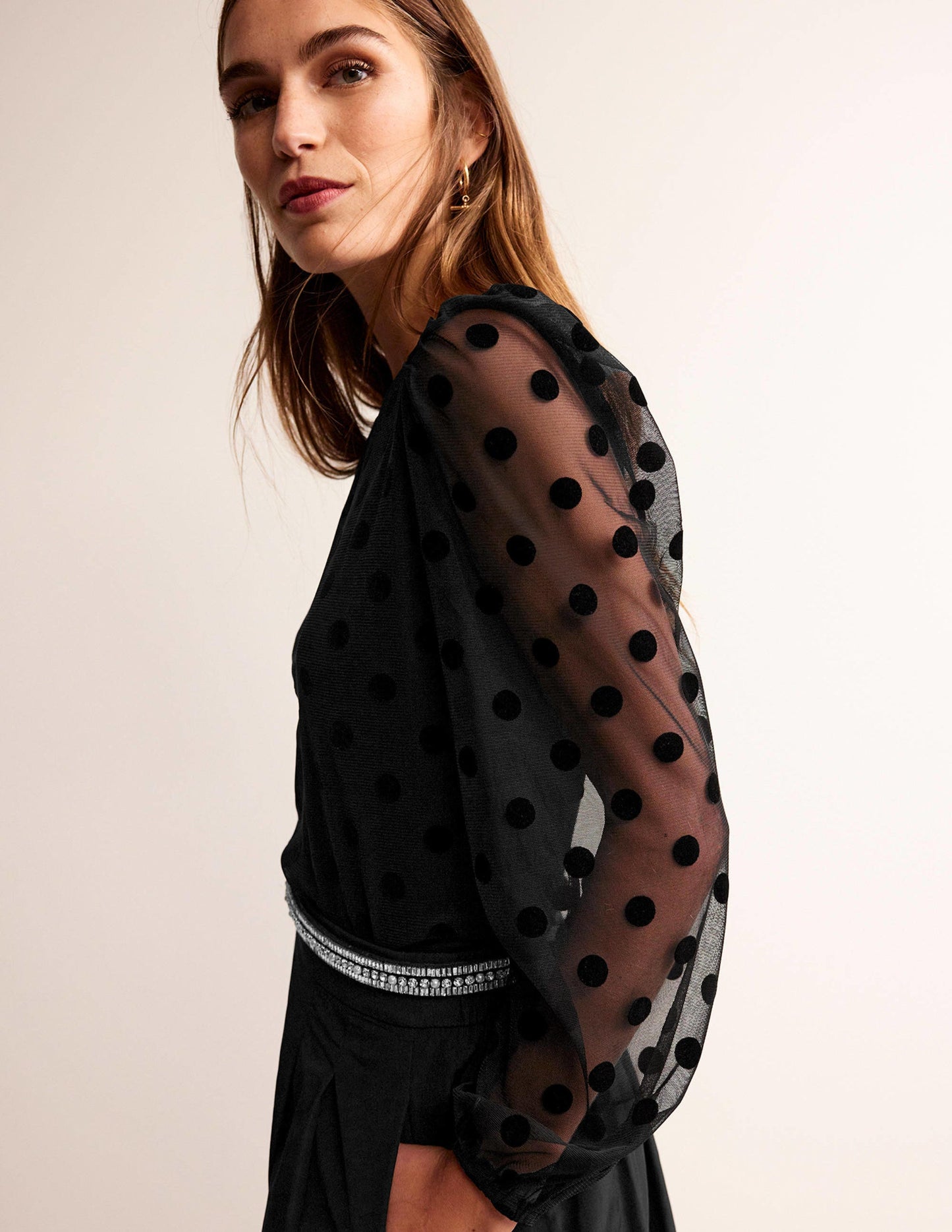 Puff-Sleeve Spotty Tulle Top-Black