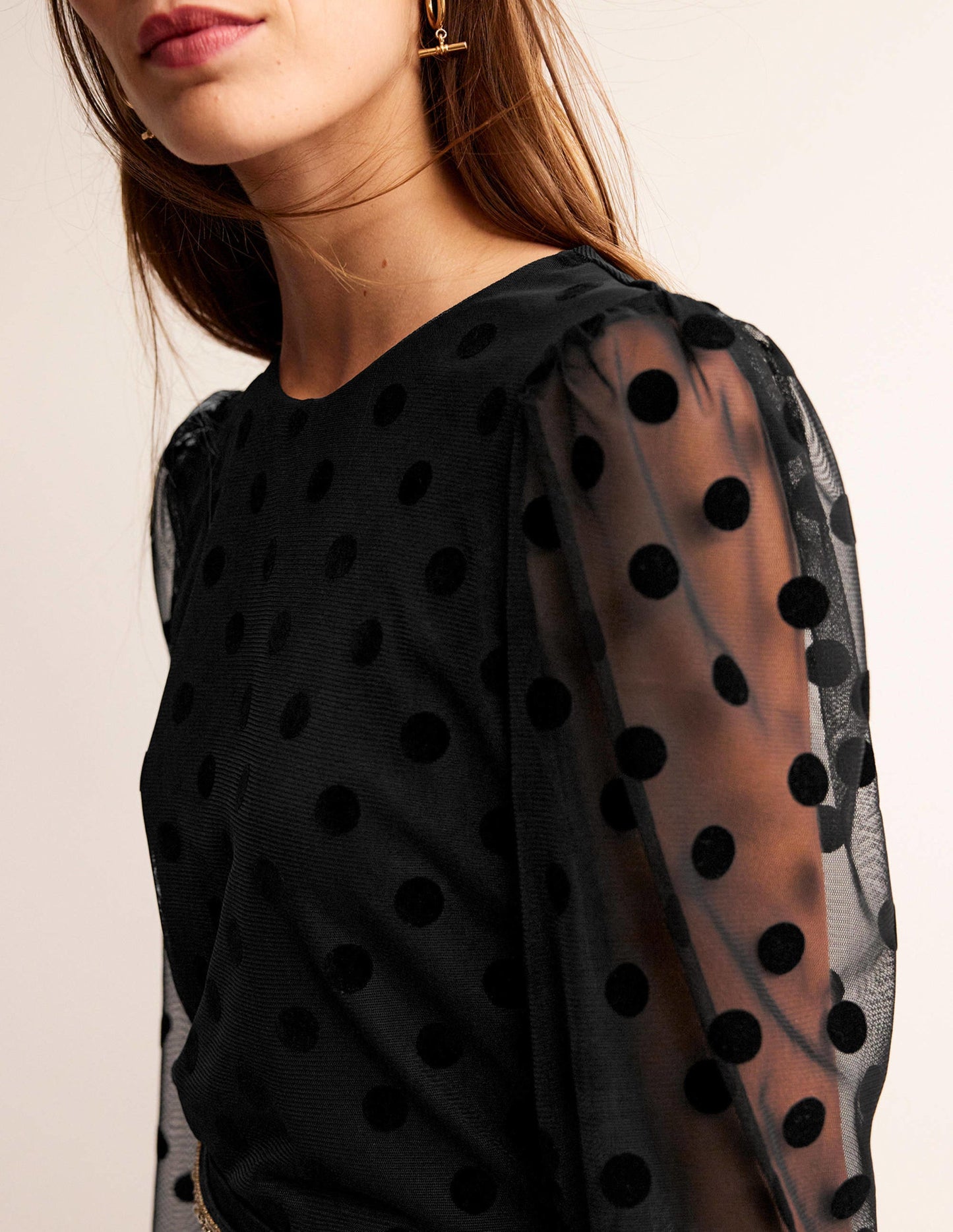 Puff-Sleeve Spotty Tulle Top-Black