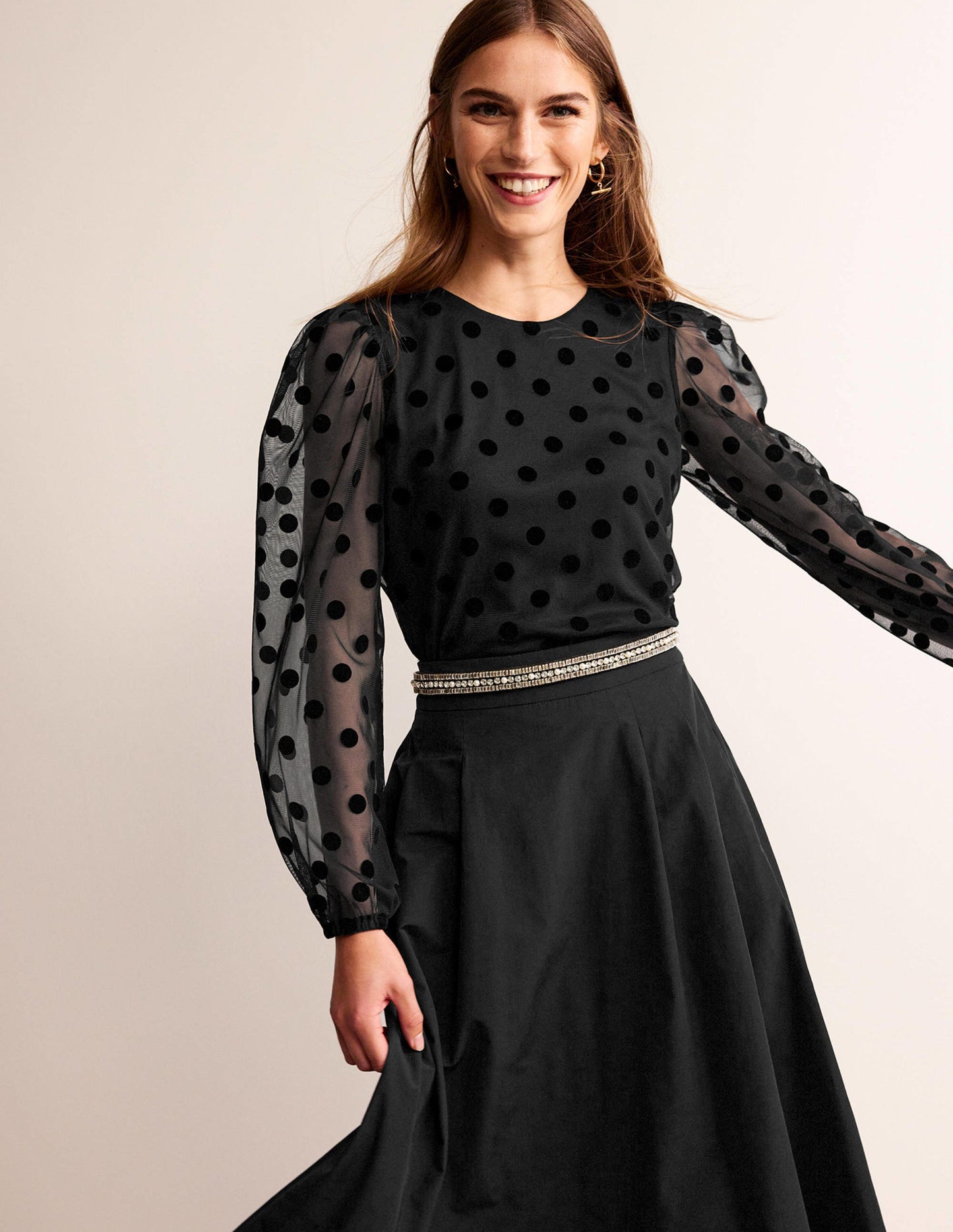Puff-Sleeve Spotty Tulle Top-Black