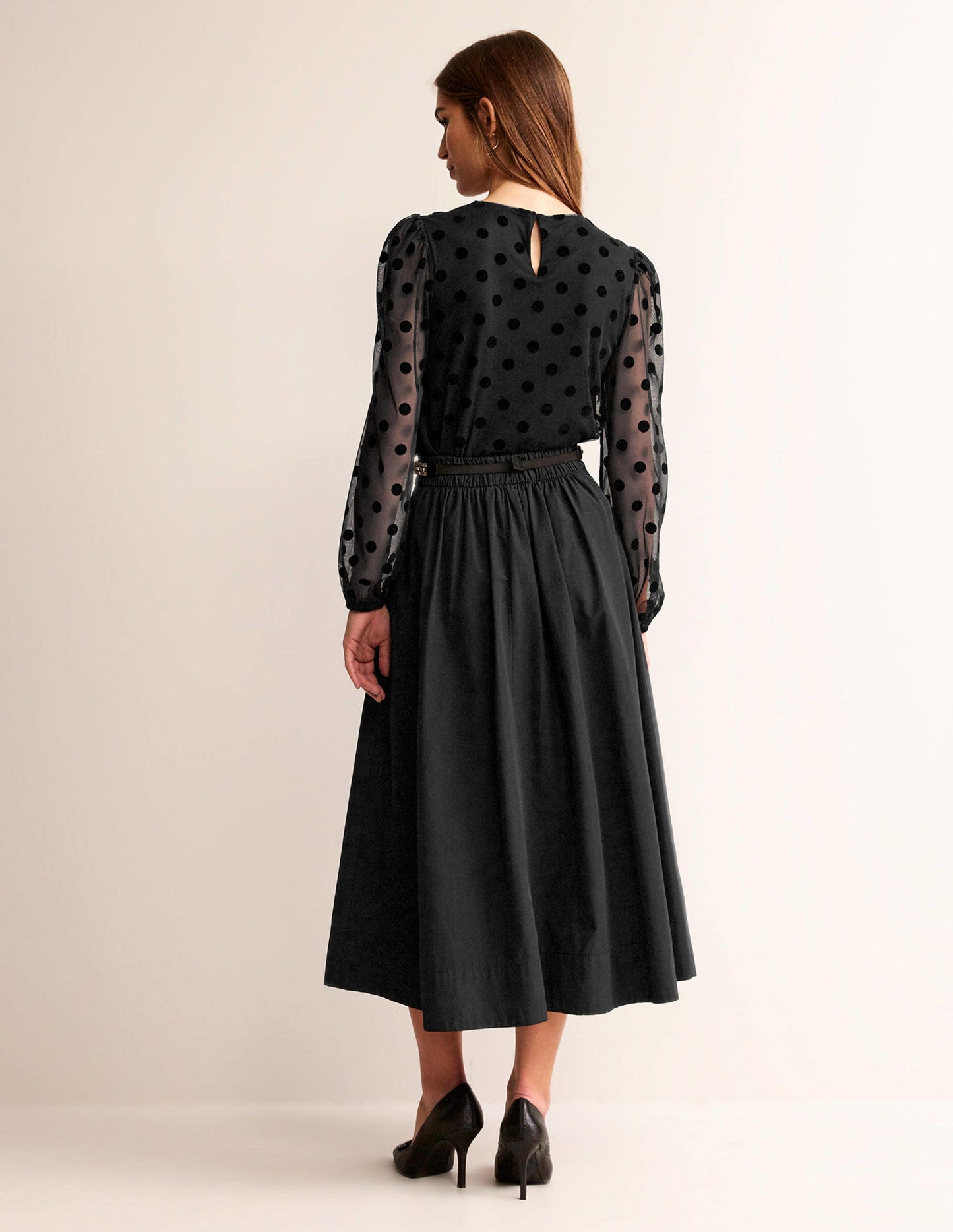 Puff-Sleeve Spotty Tulle Top-Black