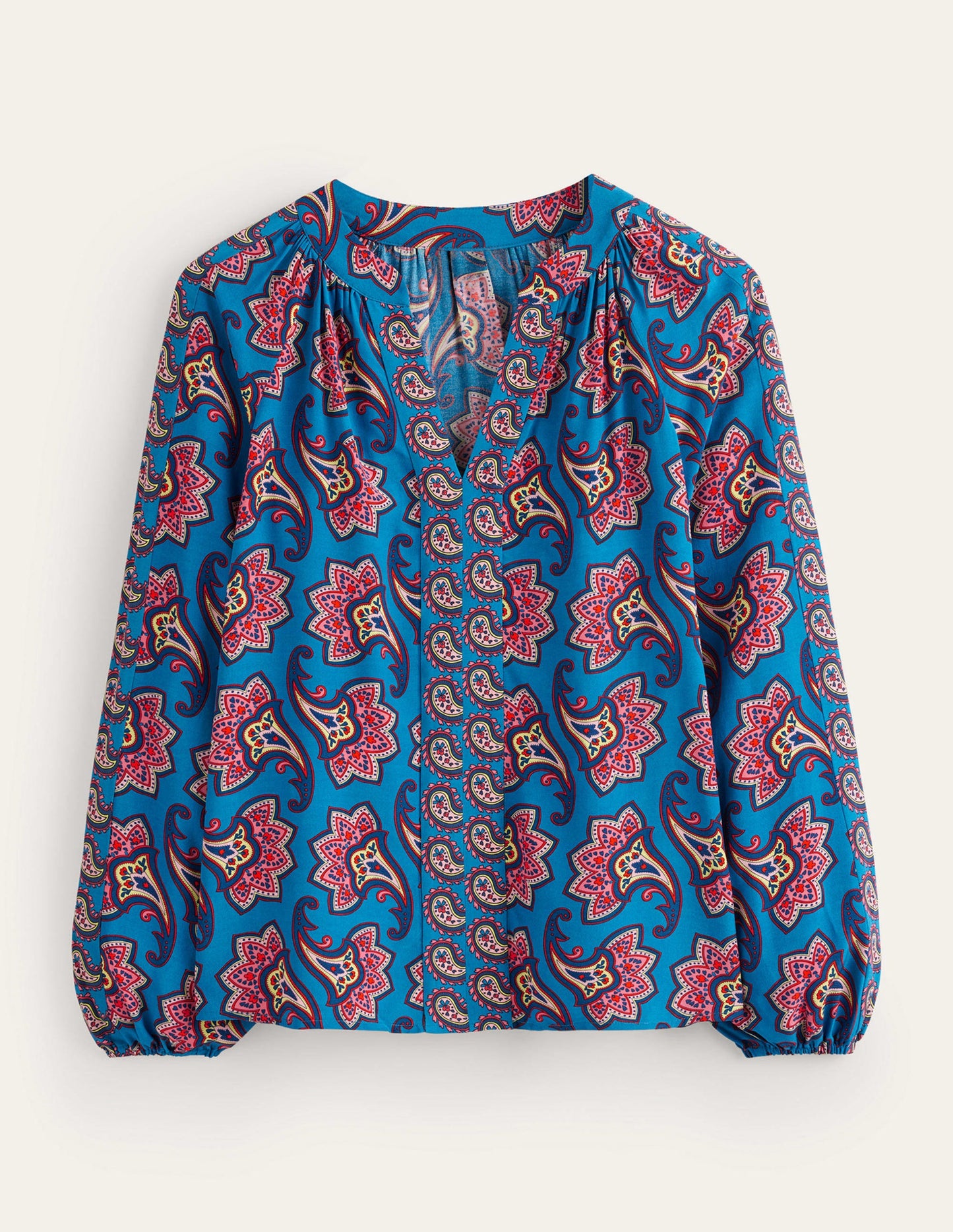 Border Print Raglan Top-Blue, Paisley Amaryllis