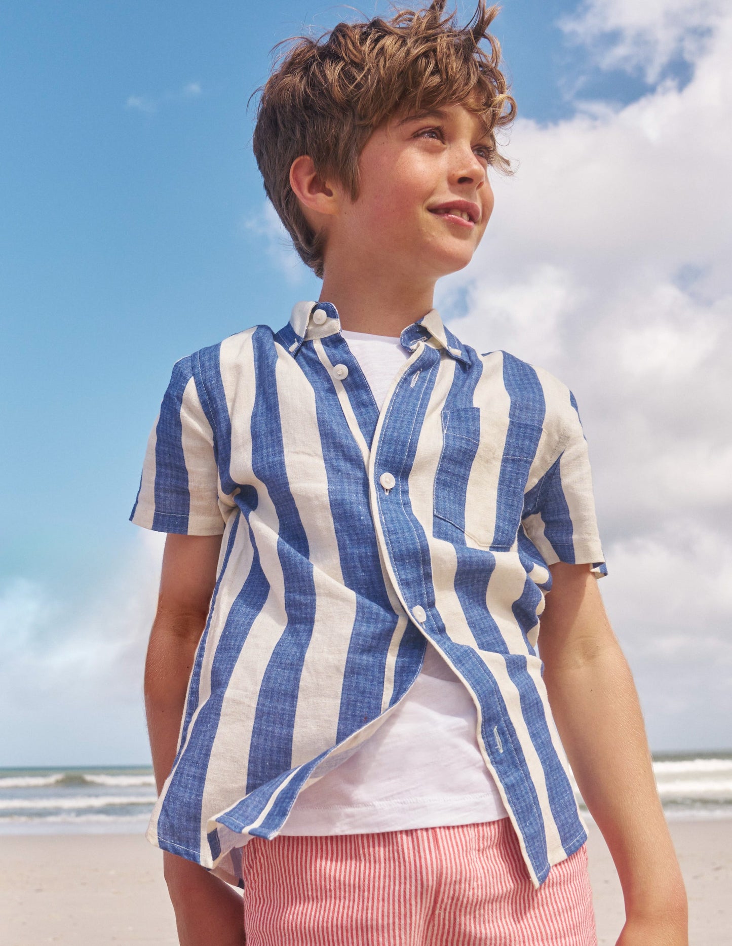 Cotton Linen Shirt-Sapphire Blue / Ivory Stripe