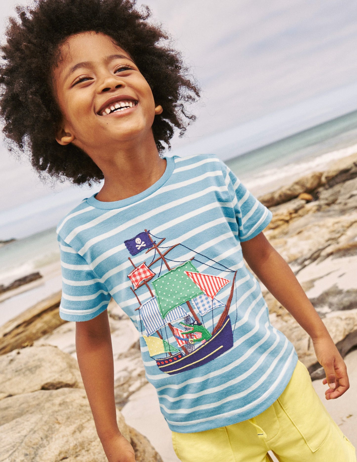 Appliqué Pirate Ship T-shirt-Vintage Blue/ Ivory Stripe