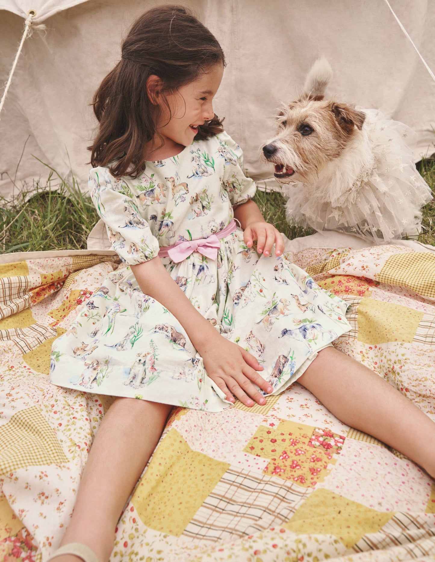 Cotton Linen Vintage Dress-Ivory Painted Puppies