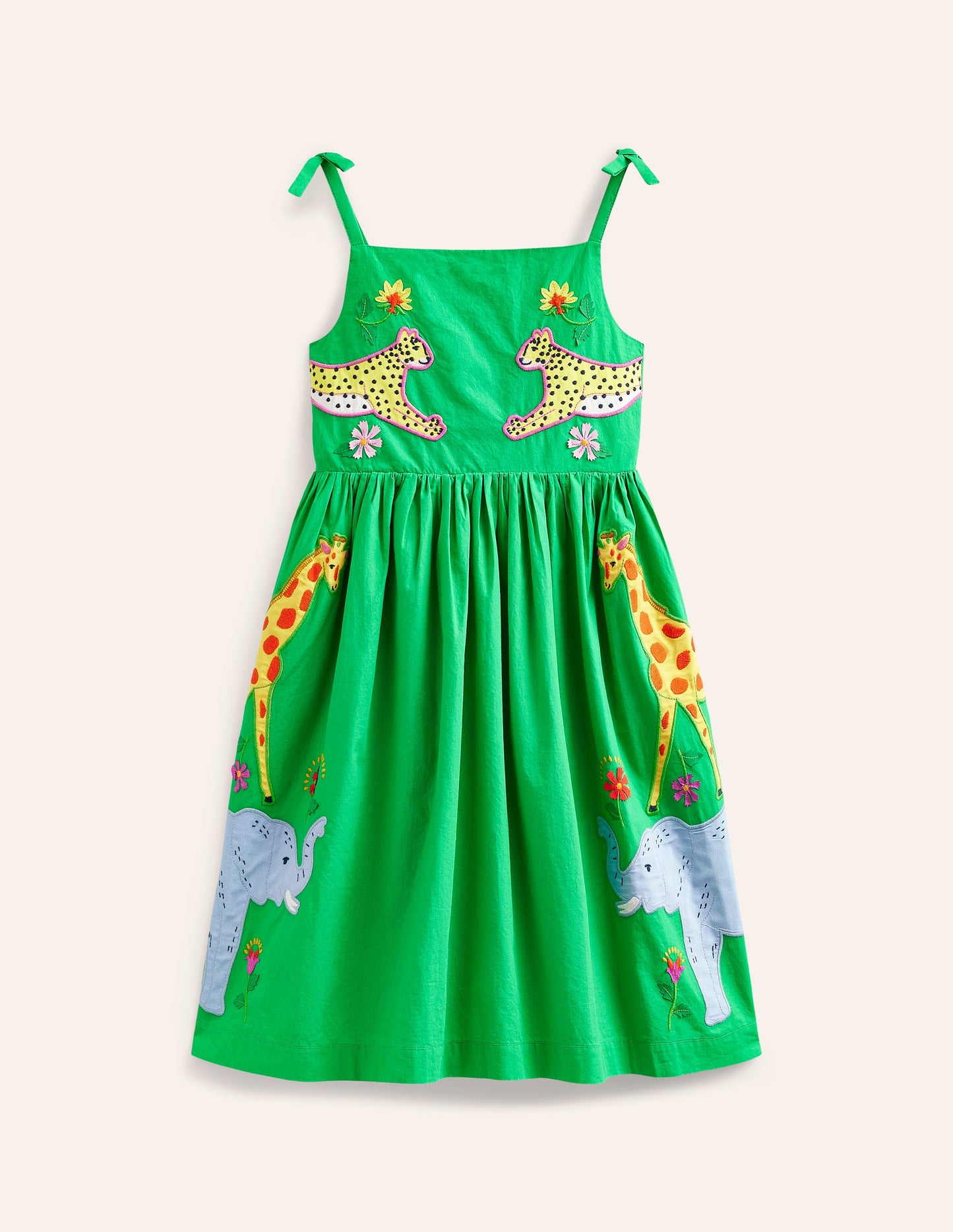 Appliqué Cotton Dress-Sapling Green Safari Animals