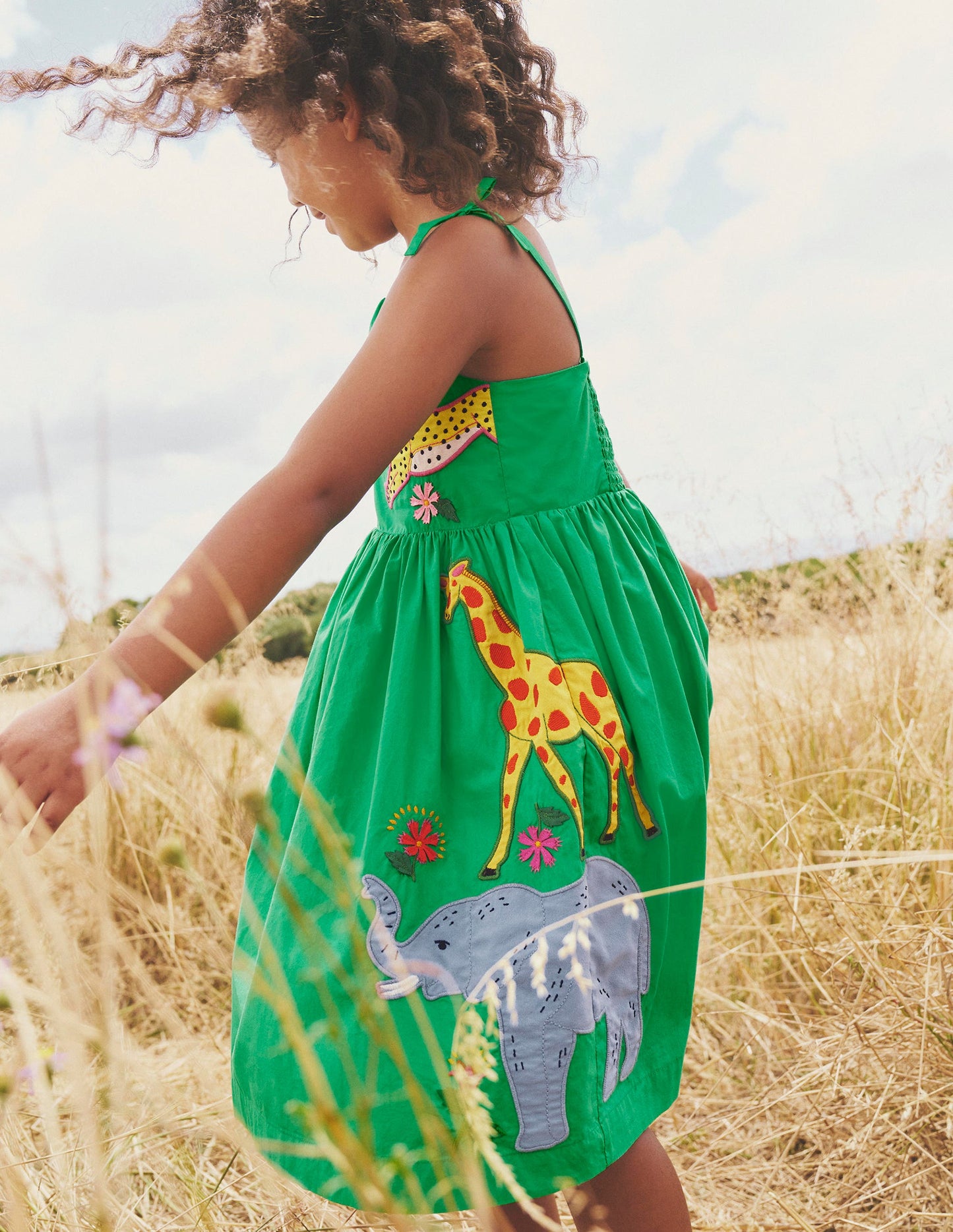 Appliqué Cotton Dress-Sapling Green Safari Animals