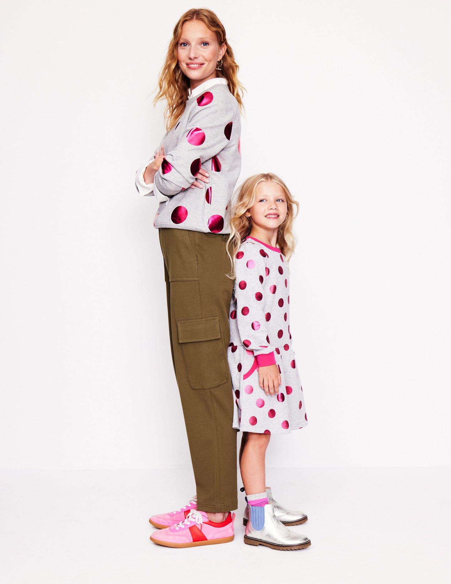 Cosy Printed Sweatshirt Dress-Grey Marl/ Pink Foil Spot