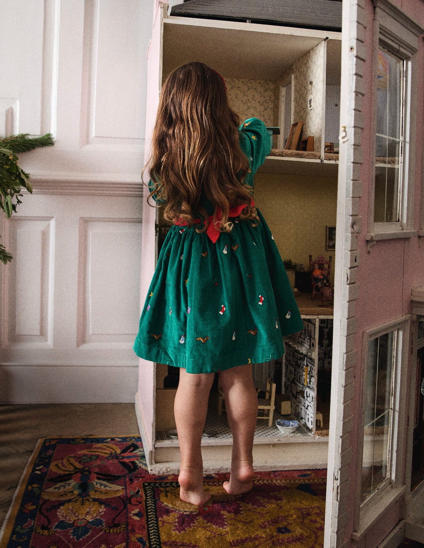 Peggy Cord Party Dress-Jewel Green Festive Embroidery