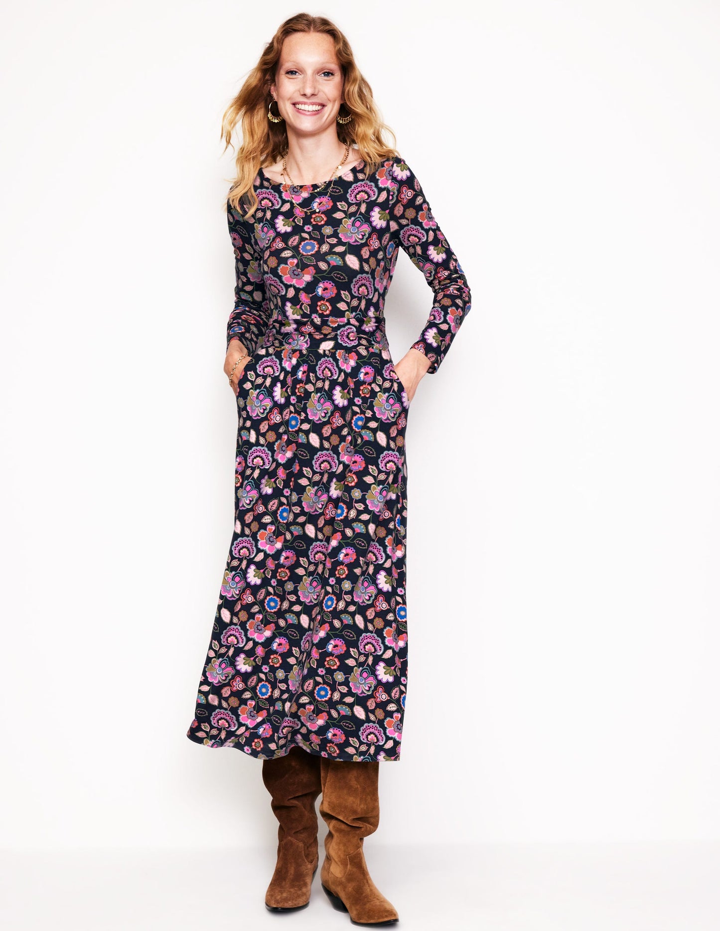 Amelie Long Sleeve Midi Dress-Multi, Cascade Bloom