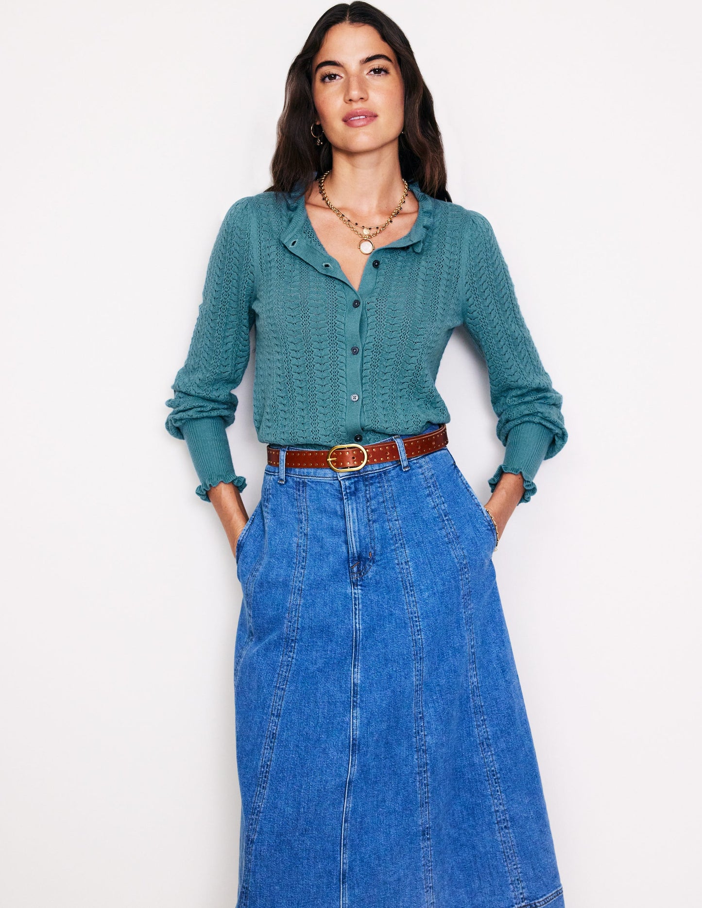 Tia Pointelle Frilled Cardigan-Blue Grass
