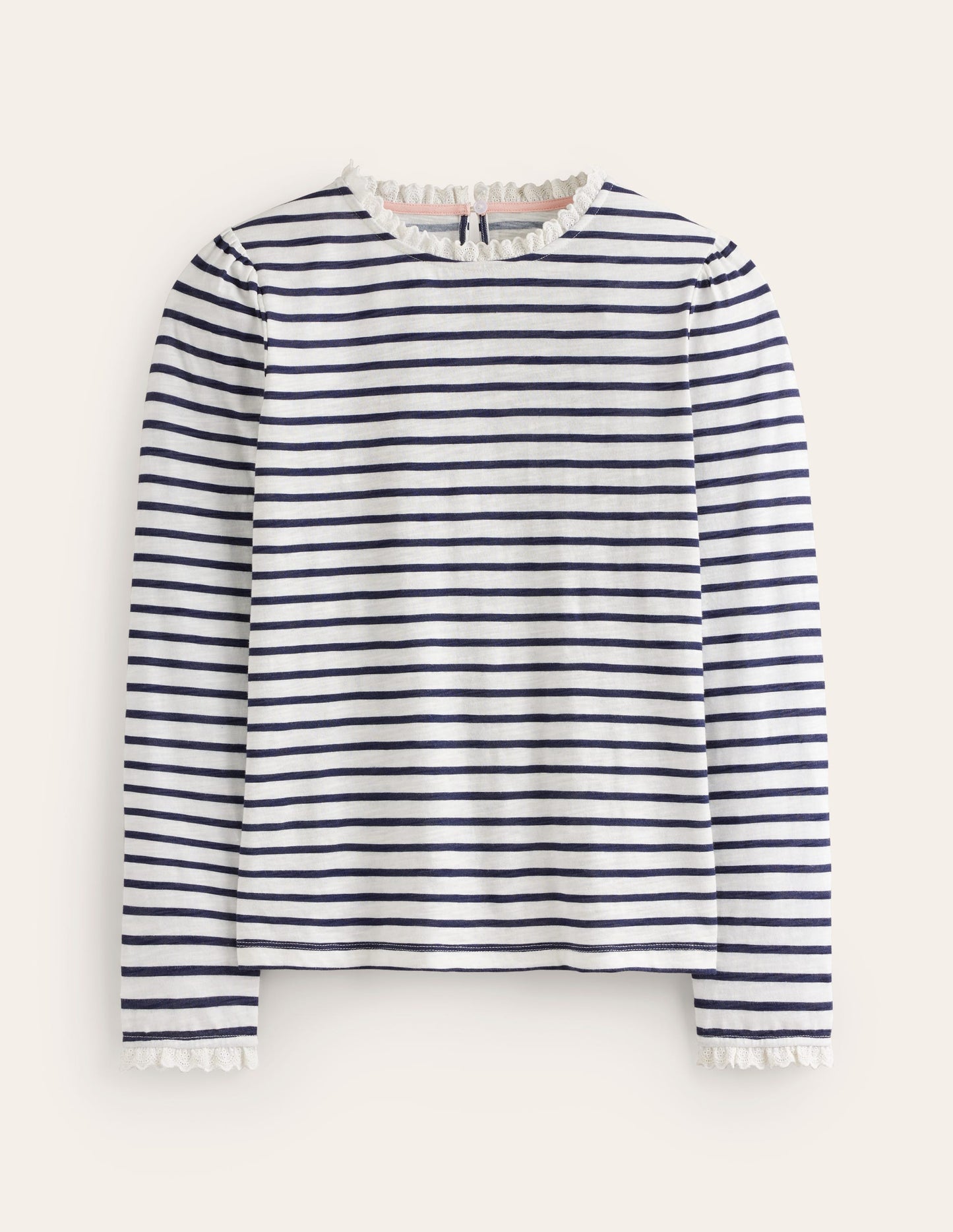 Broderie Ruffle Detail Top-Ivory, Navy Stripe