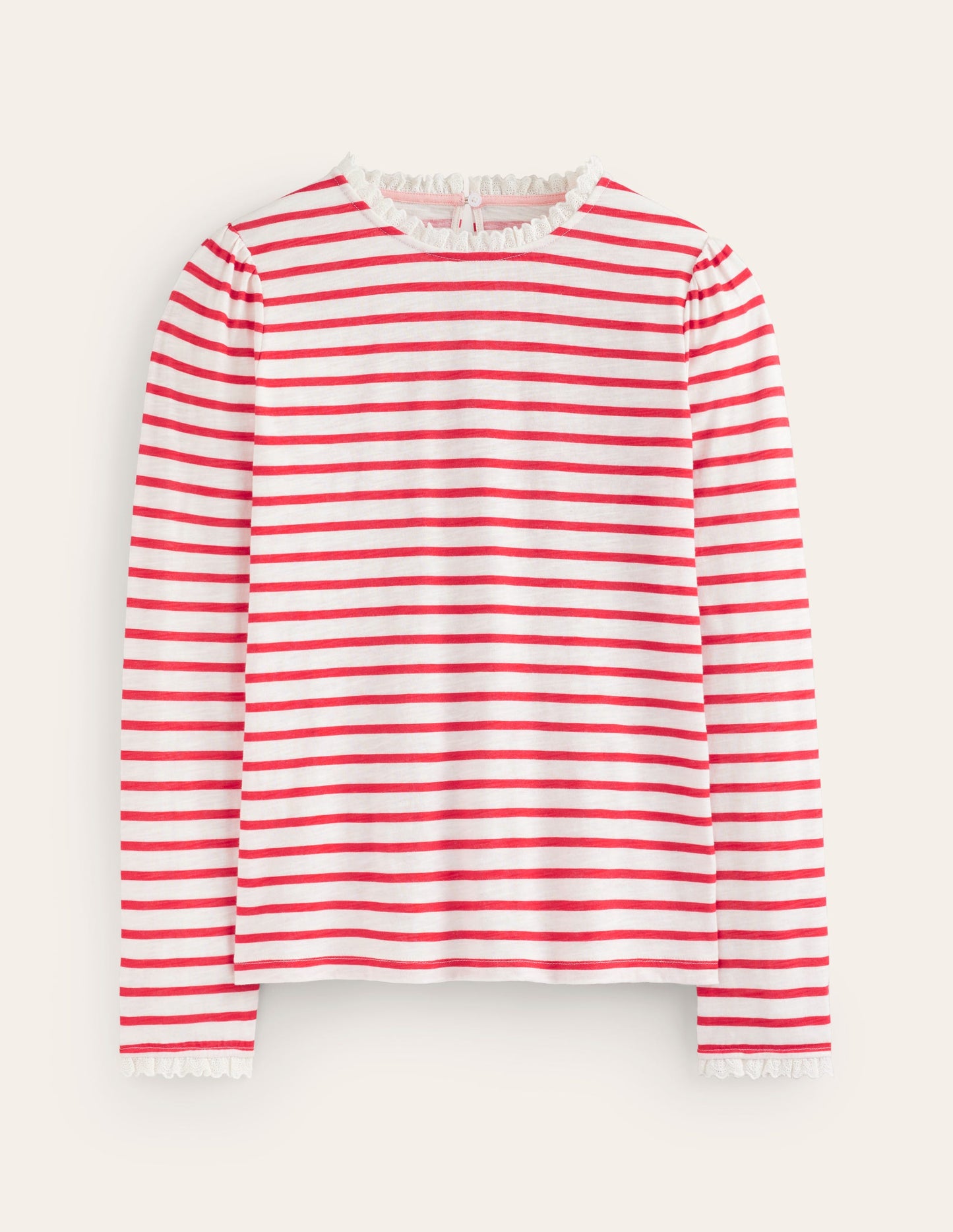 Broderie Ruffle Detail Top-Red, Ivory Stripe