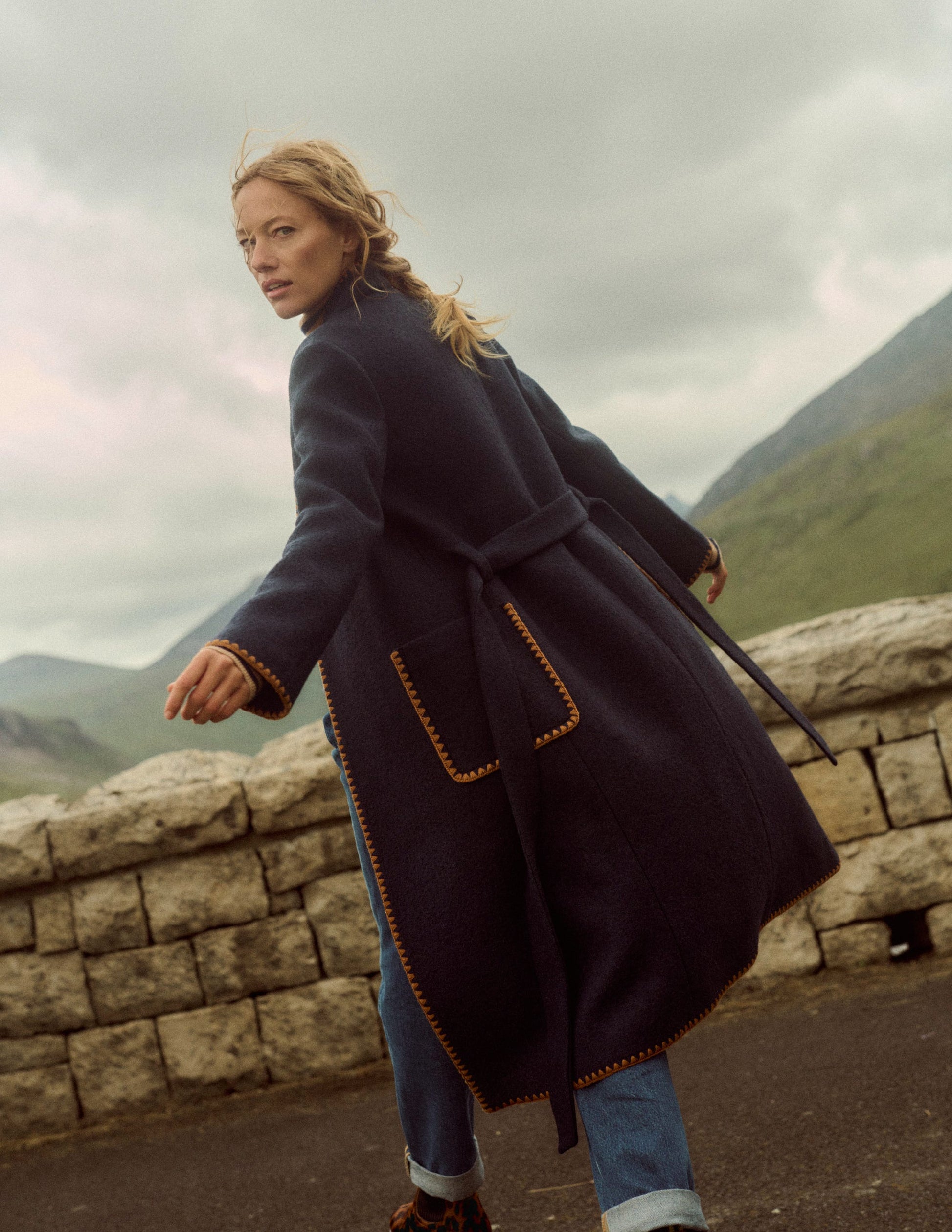 Blanket Stitch Wrap Coat-Navy-5