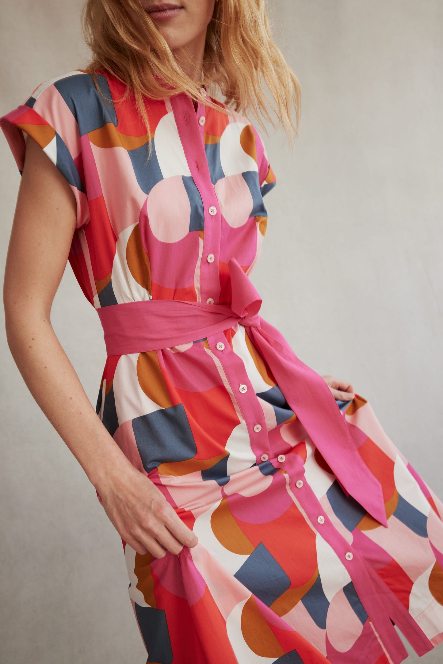 Amanda Cotton Midi Shirt Dress-Festival Pink, Geometric Swirl