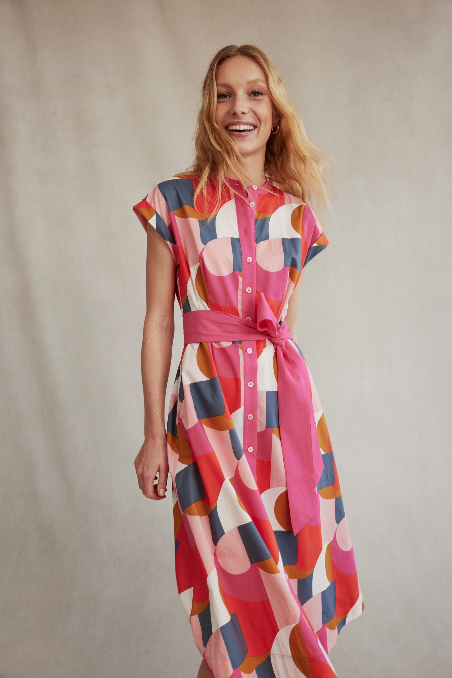 Amanda Cotton Midi Shirt Dress-Festival Pink, Geometric Swirl
