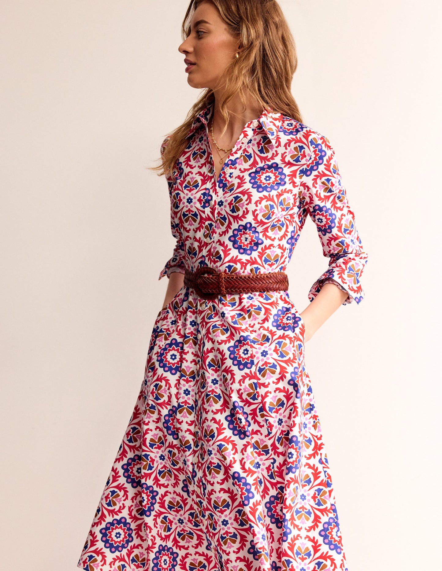 Amy Cotton Midi Shirt Dress-Rubicondo, Mosaic Bloom