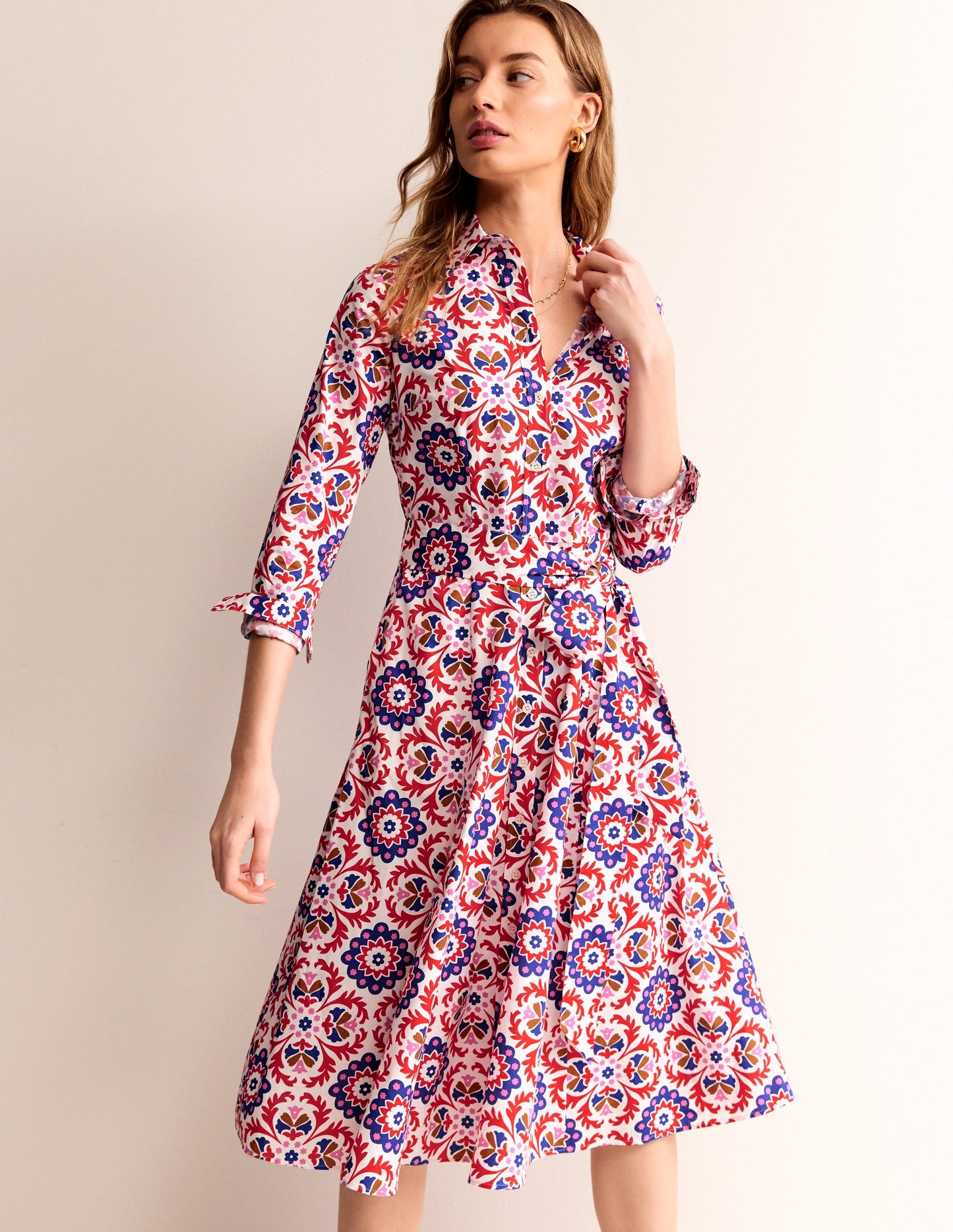 Amy Cotton Midi Shirt Dress-Rubicondo, Mosaic Bloom