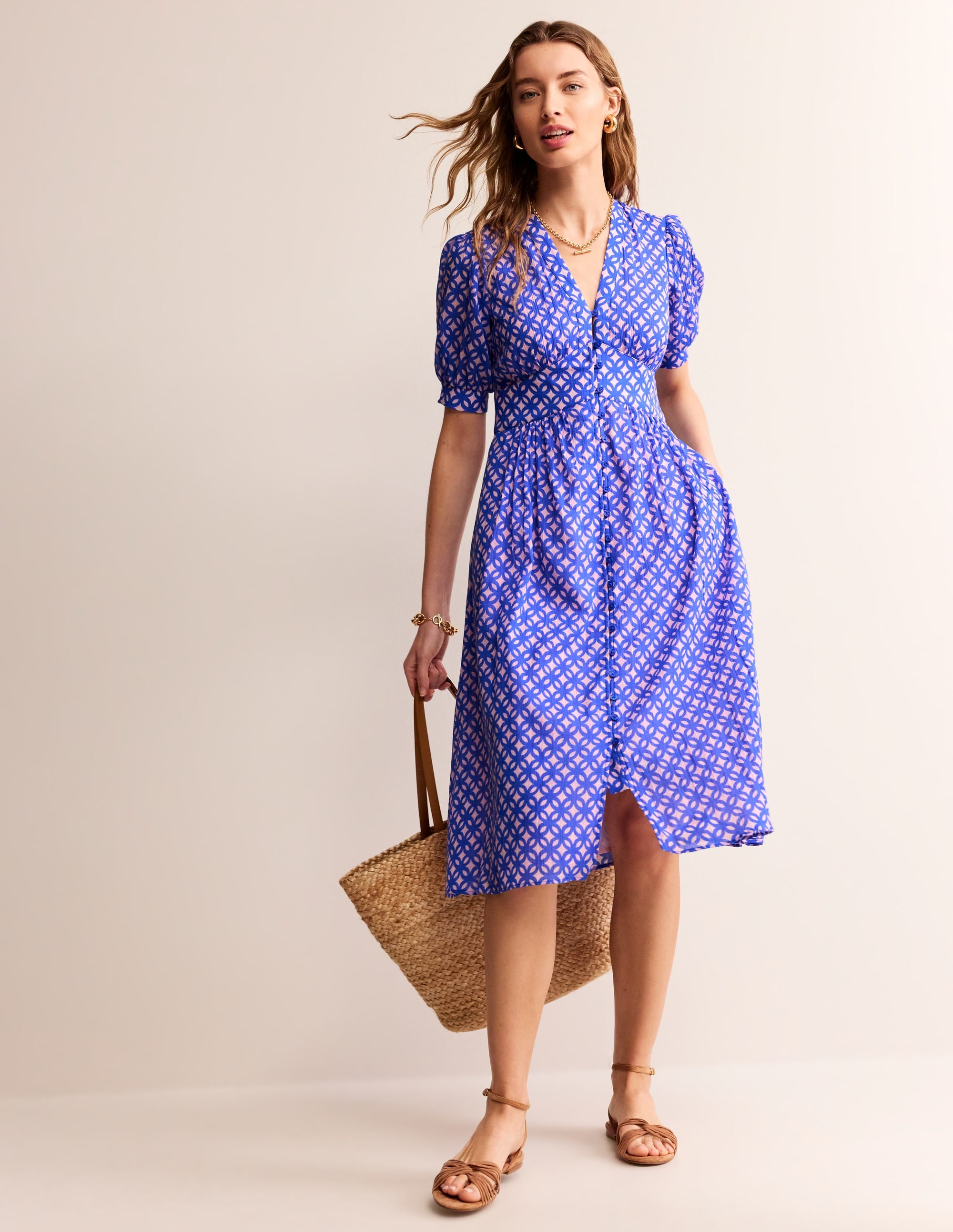 Elsa Crinkle Midi Tea Dress-Sweet Lilac, Trellis Geo | Boden UK