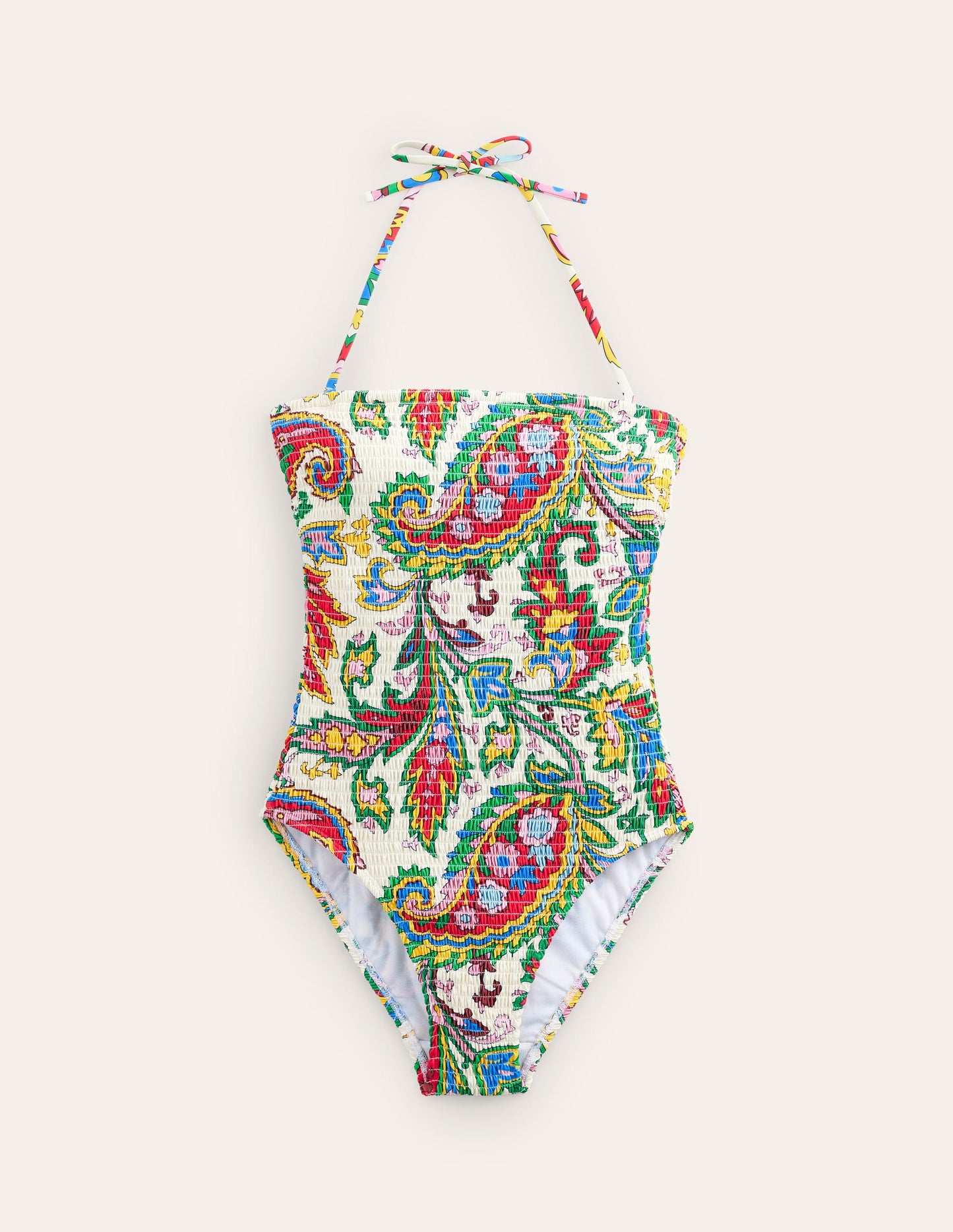 Milos Smocked Bandeau Swimsuit-Ivory, Paisley Azure