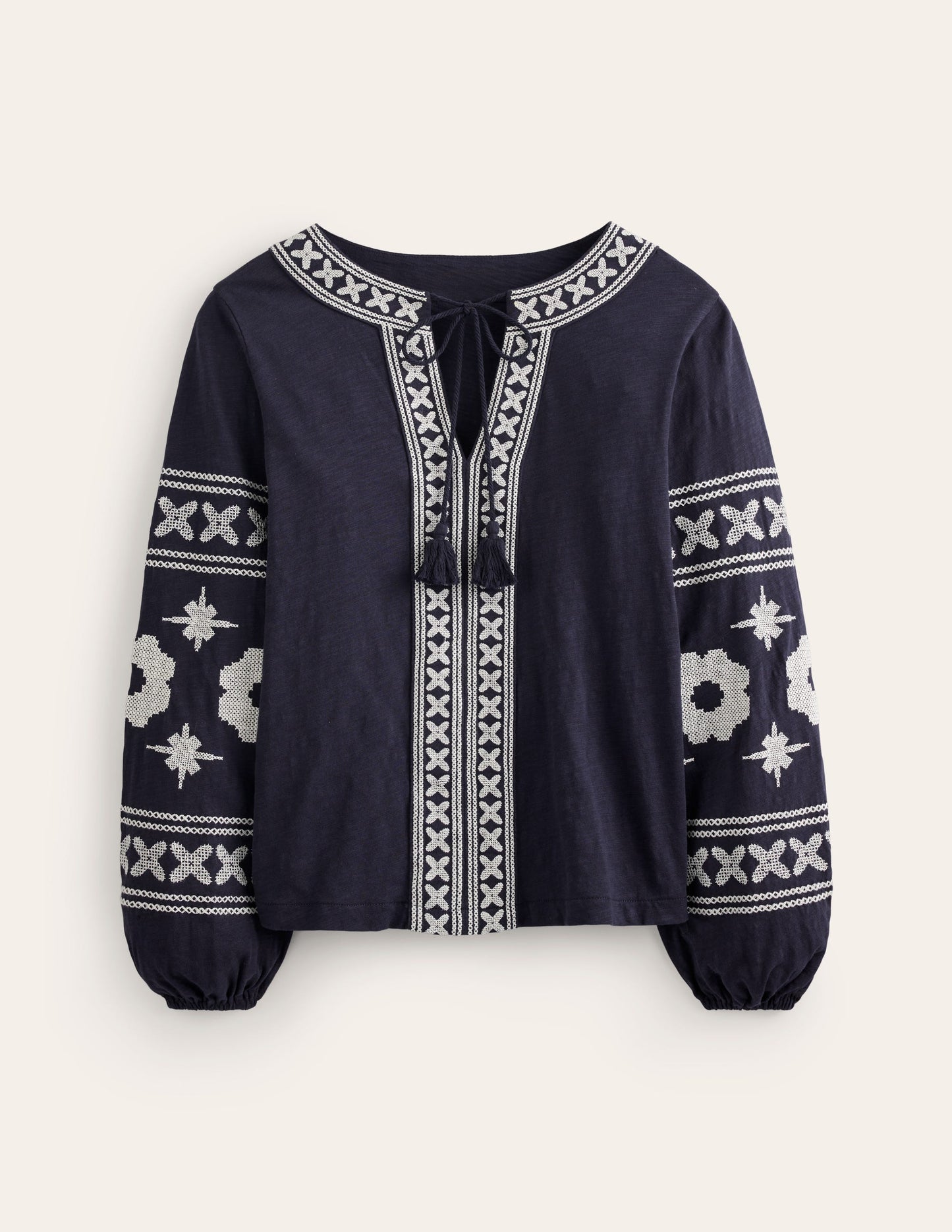 Diana Embroidered Tie Neck Top-Navy