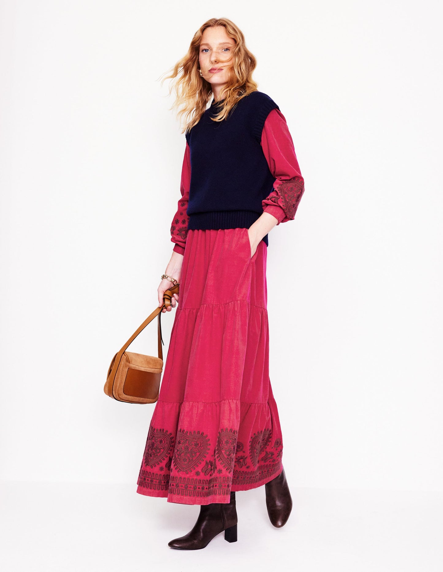 Alba Cord Maxi Dress-Cherry Jam, Embroidered
