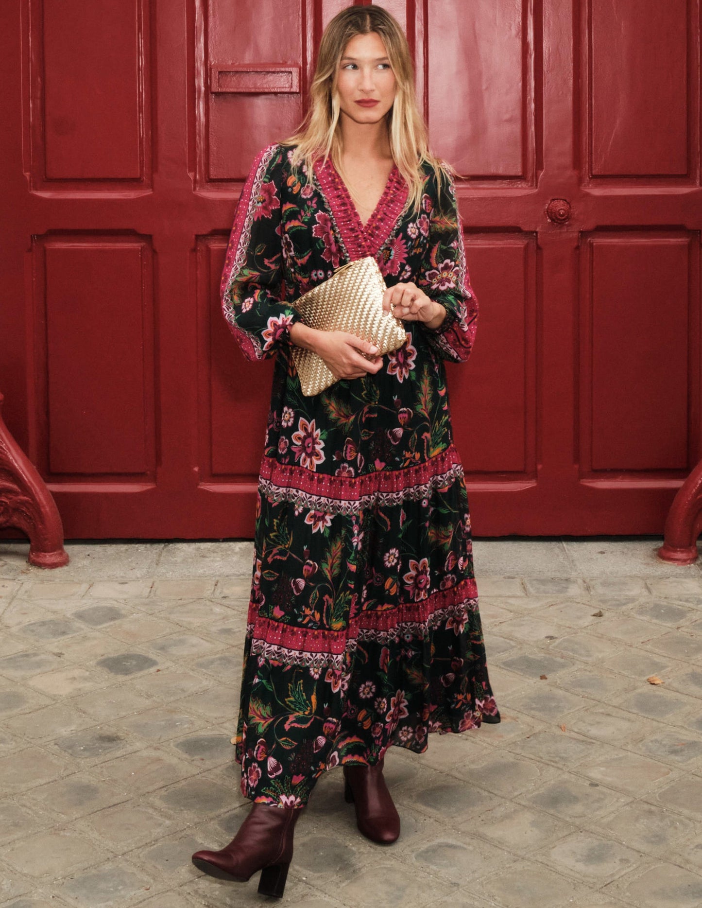 V-Neck Ruffle Maxi Dress-Multi, Blossom Flourish