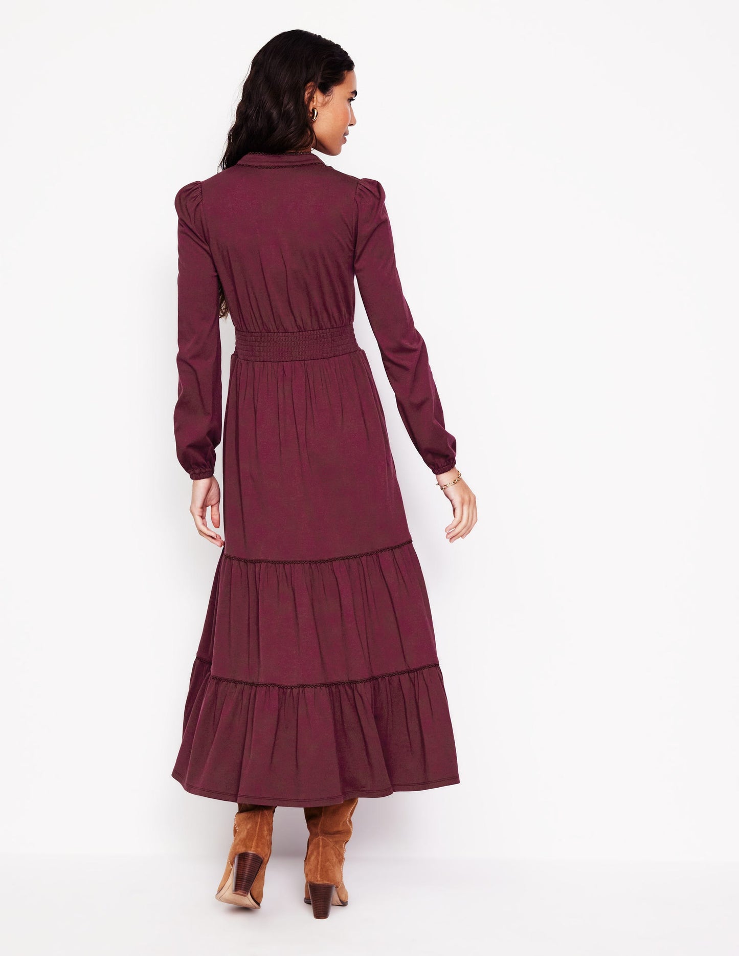 Shirred Waist Tier Midi Dress-Deep Wisteria