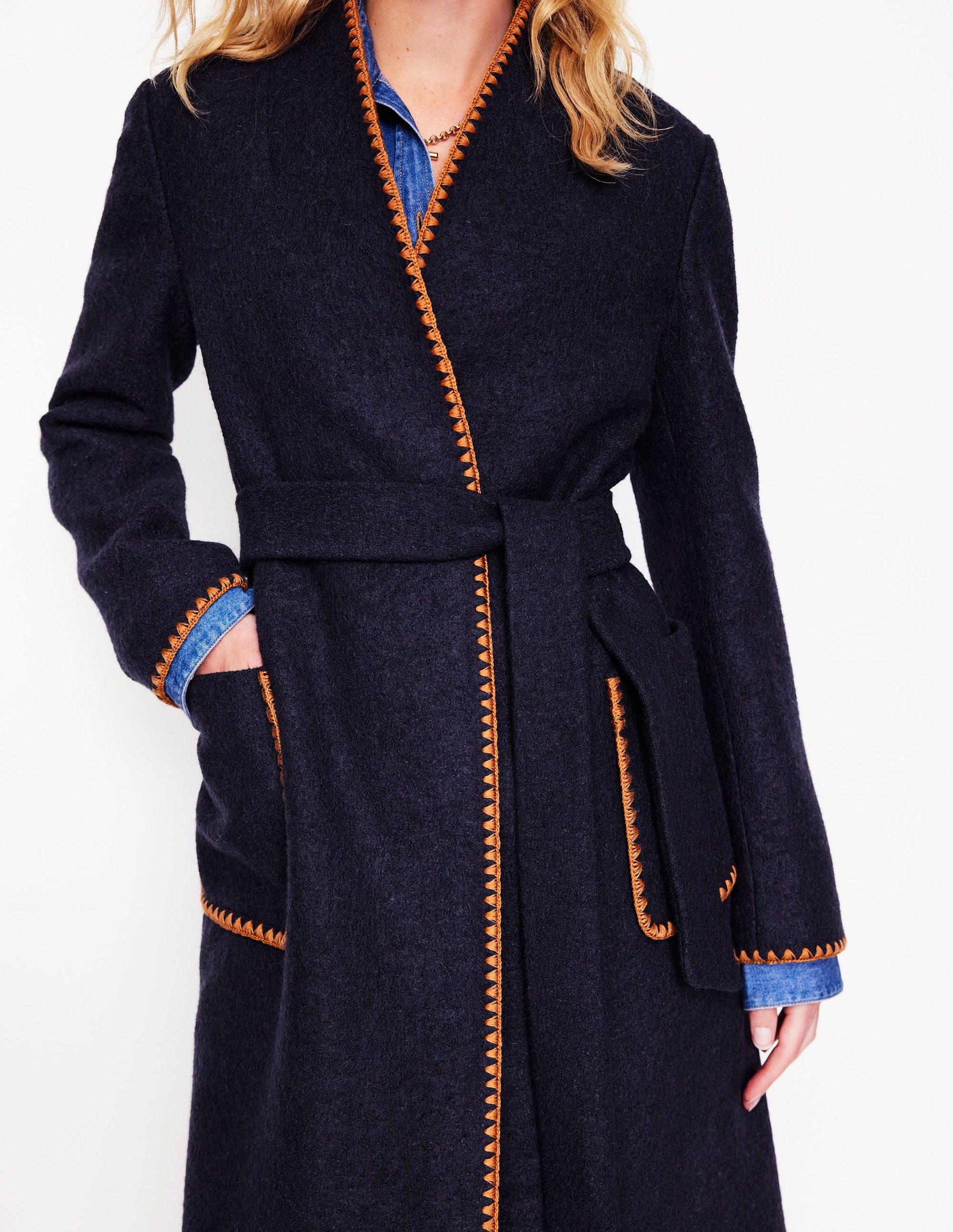 Blanket Stitch Wrap Coat-Navy-2