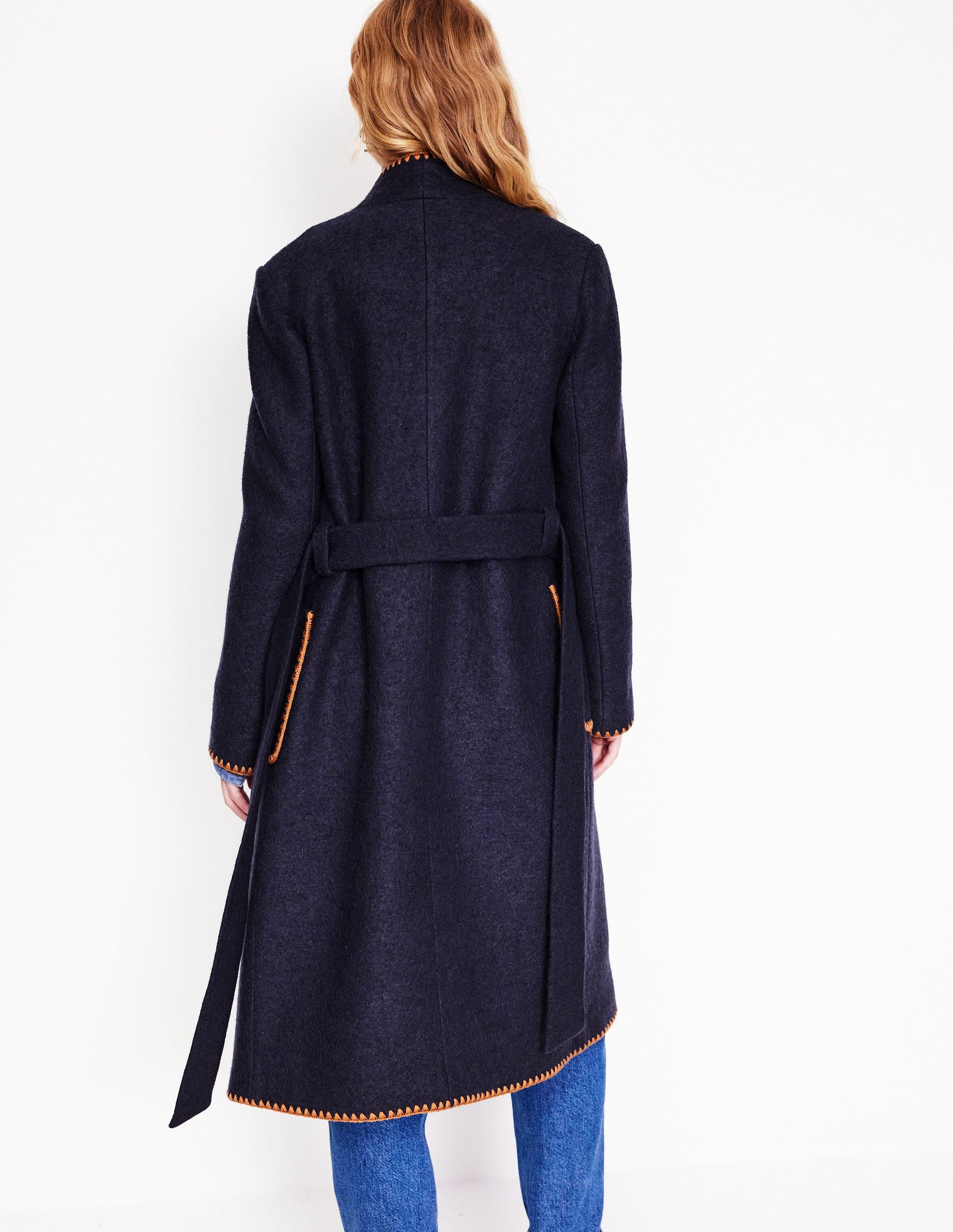 Blanket Stitch Wrap Coat-Navy-3