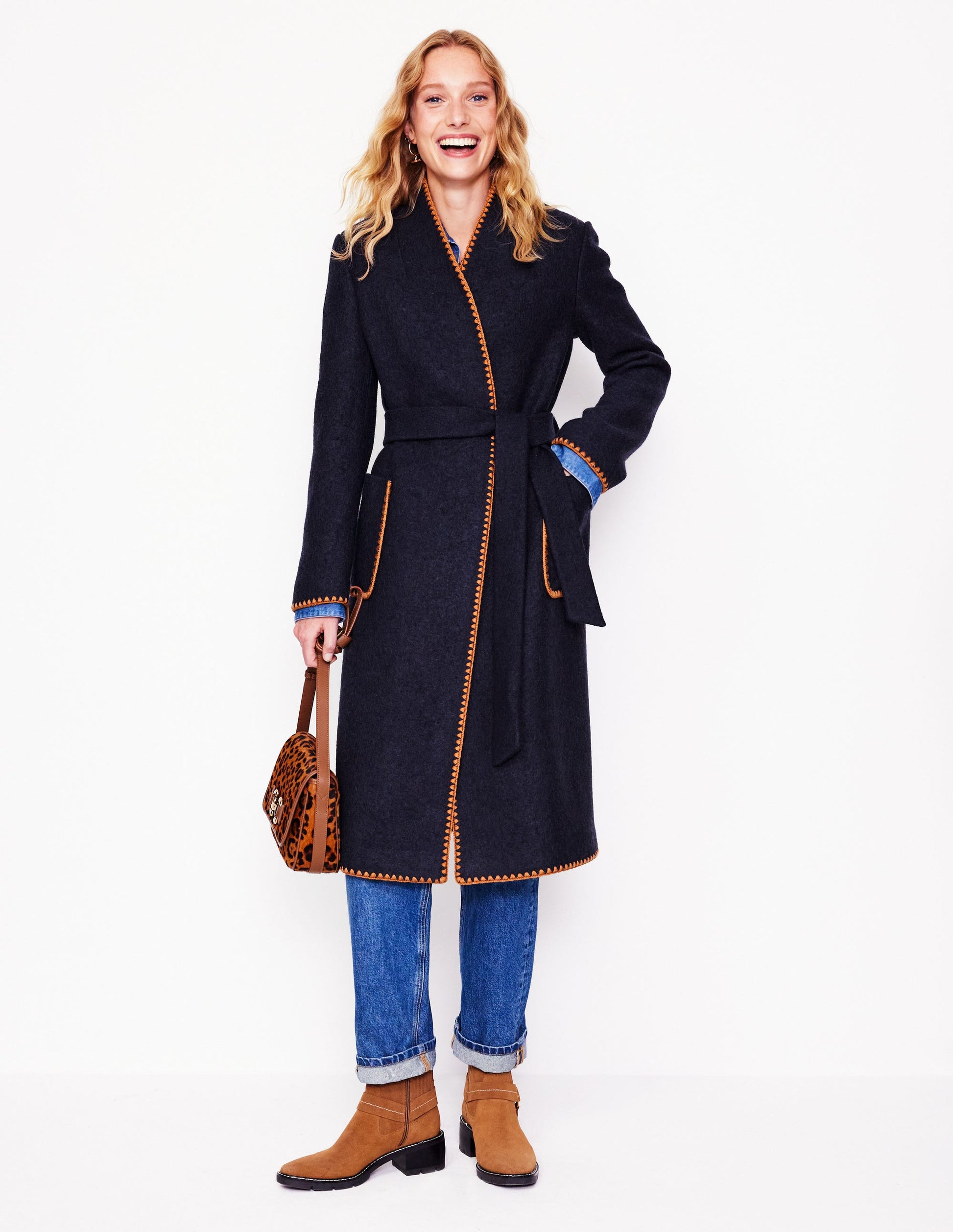 Blanket Stitch Wrap Coat-Navy-4