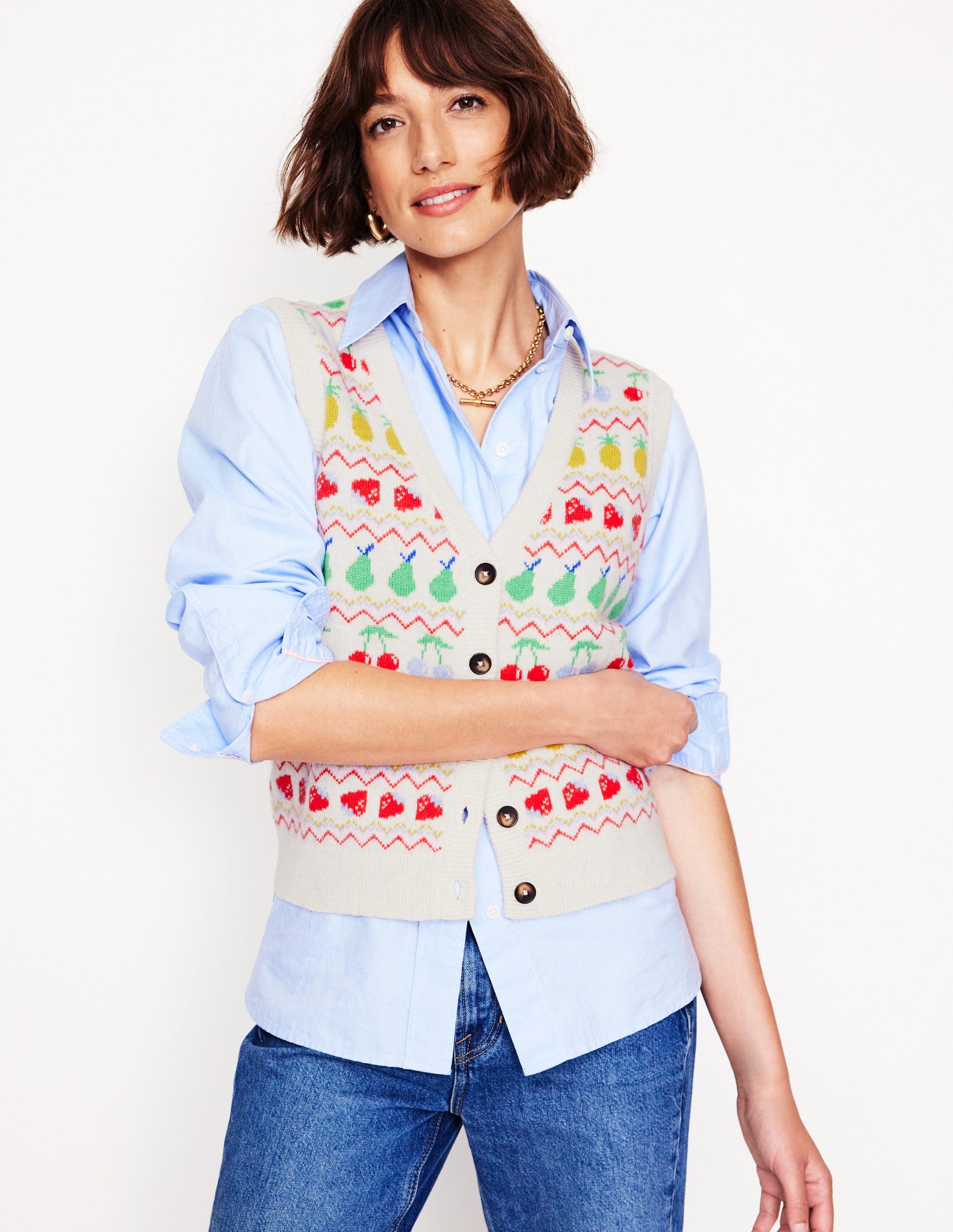 Edie Fair Isle Waistcoat-Ecru Marl, Fruit-1