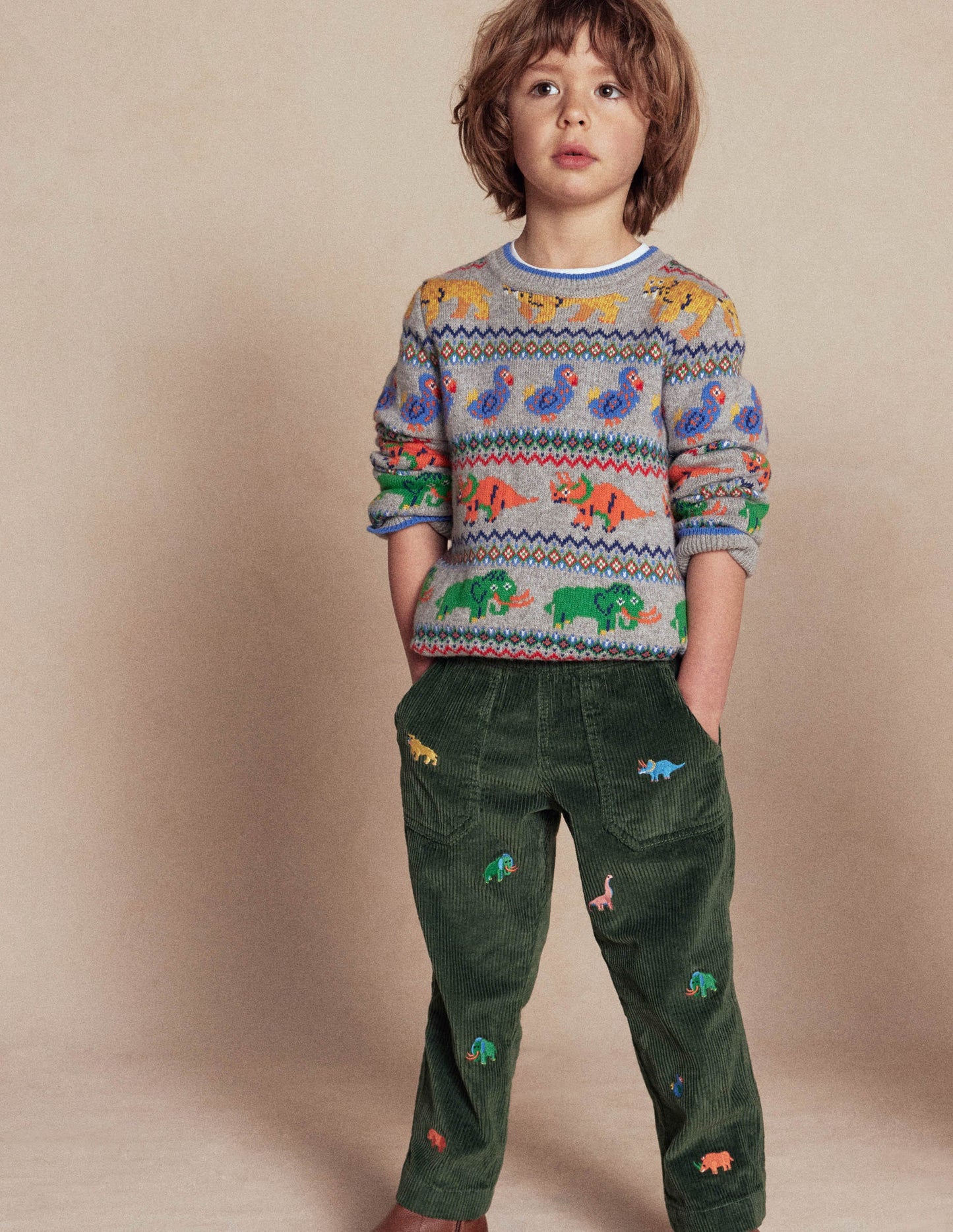 Pull-on Cord Trousers-Prehistoric Animals Embroidery