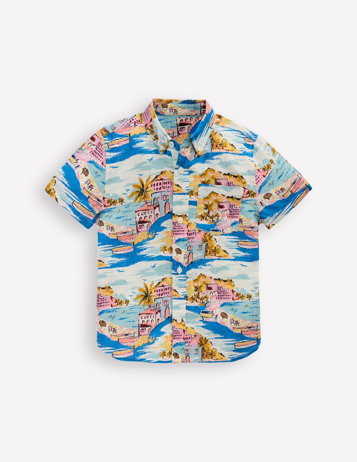 Cotton Linen Shirt-Multi Coastal Scene