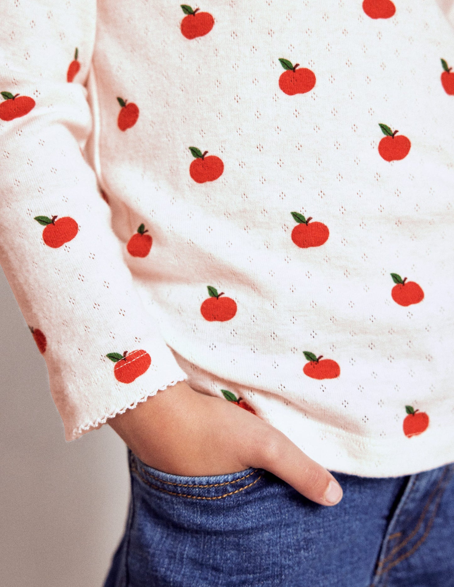 Long Sleeve Pointelle Top-Soft Ivory Little Apples