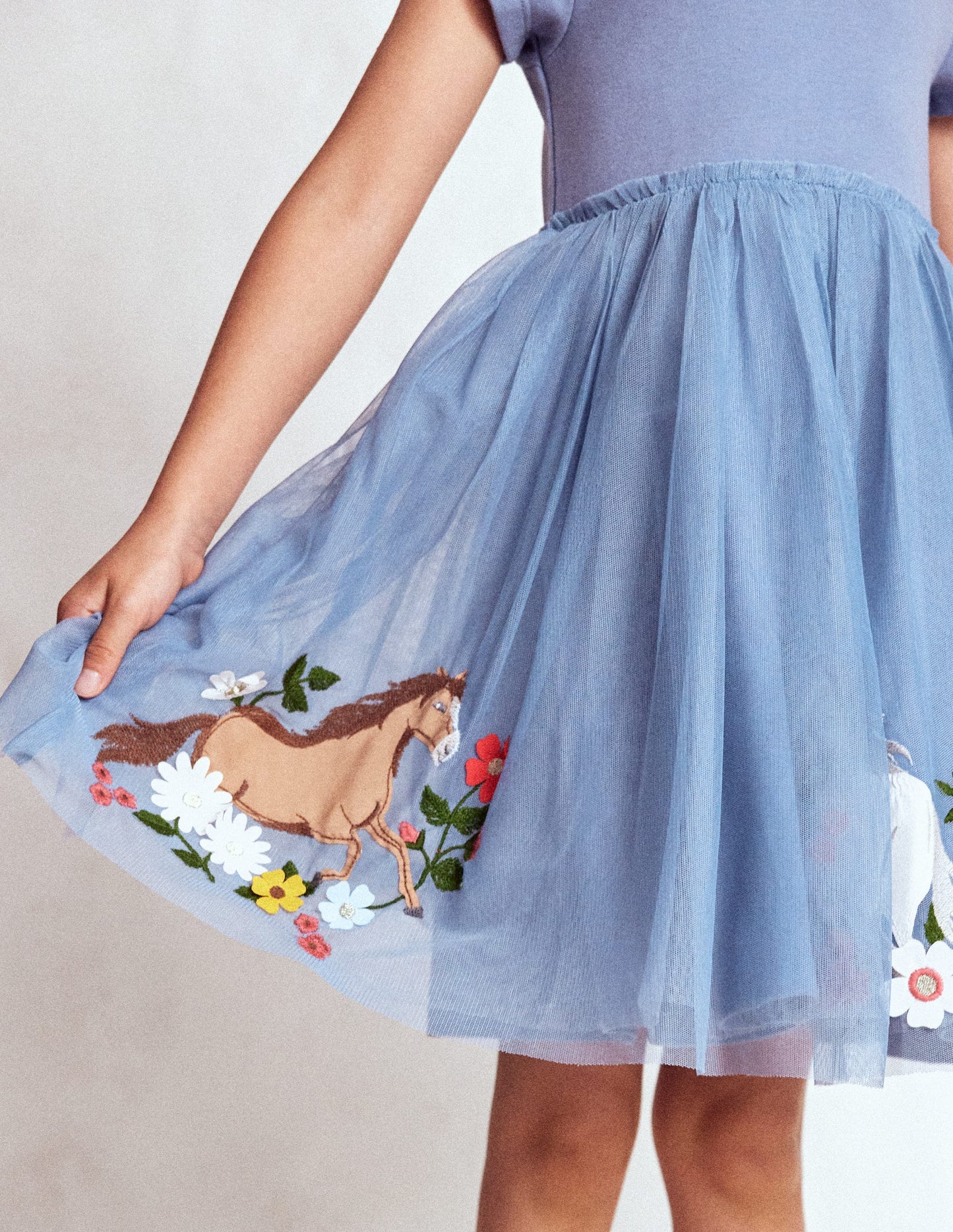 Ami Applique Tulle Dress-Pale Blue Horses