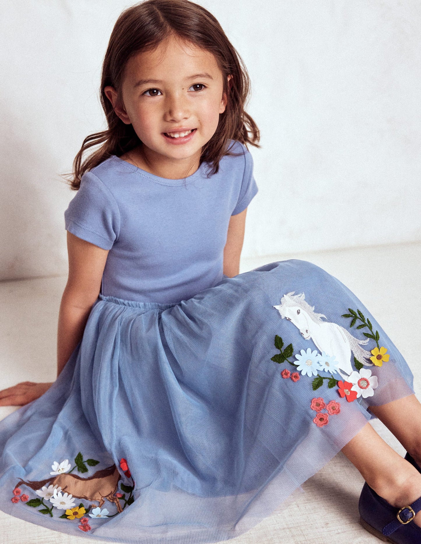 Ami Applique Tulle Dress-Pale Blue Horses