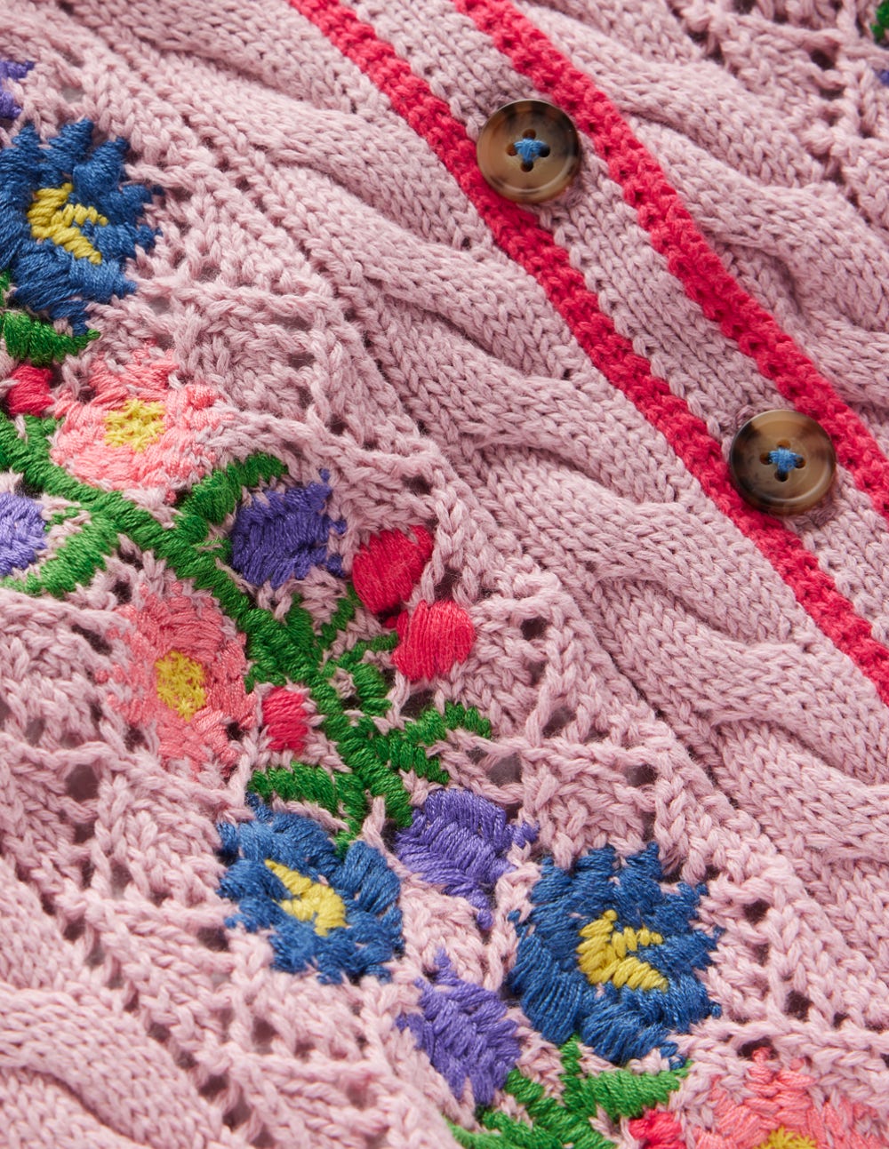 Cotton Embroidered Cardigan-Vintage Pink