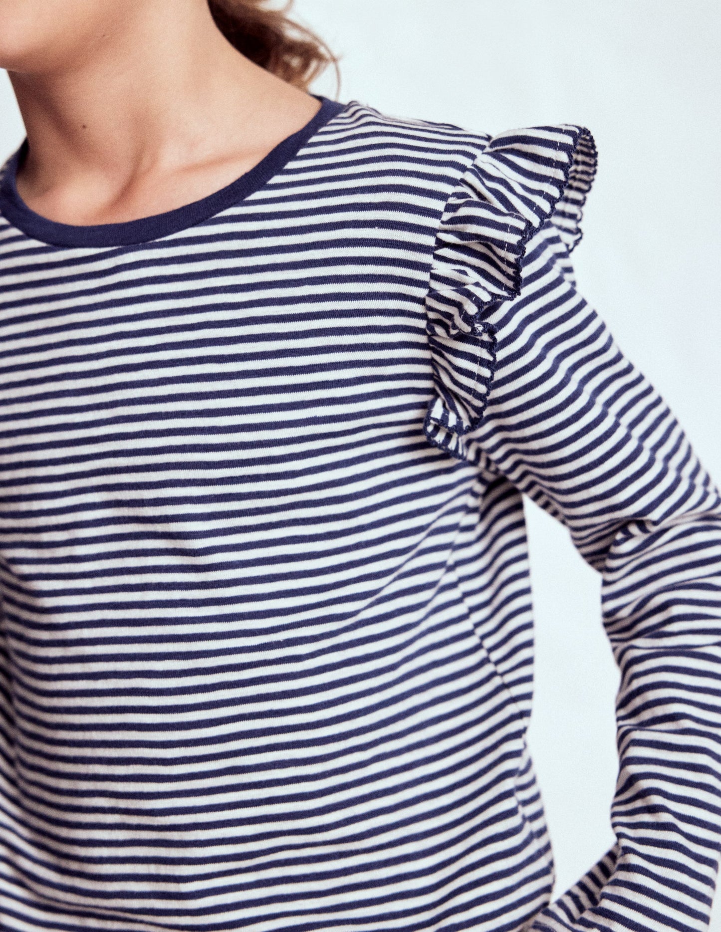Frill Sleeve Slub Top-Soft Ivory/College Navy