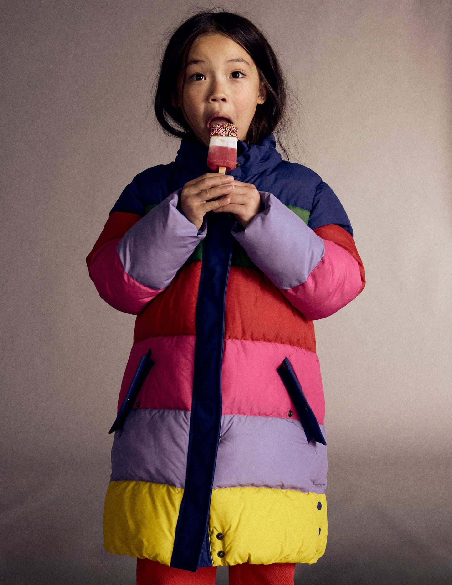 Longline Padded Coat-Rainbow Colourblock