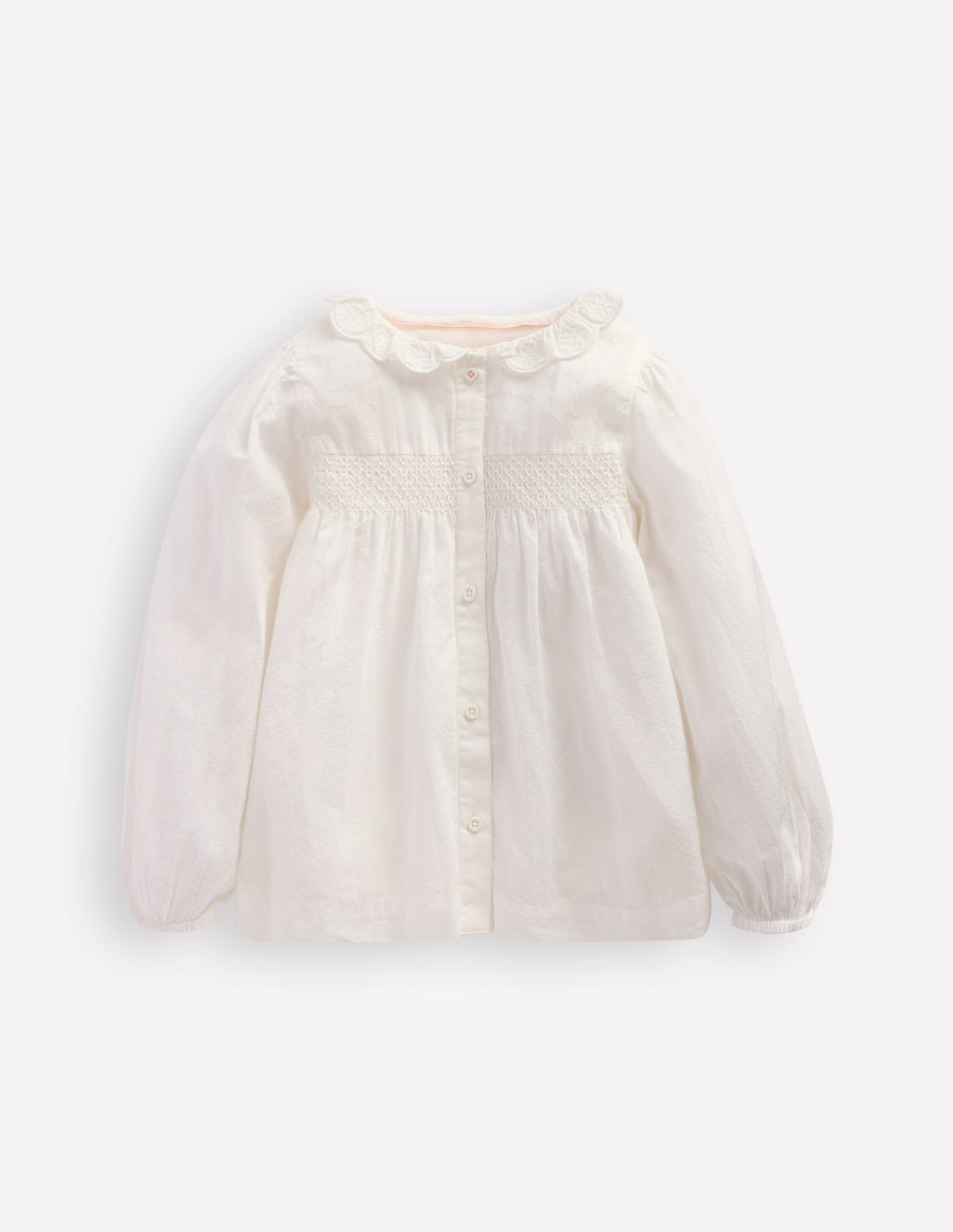 Scalloped Collar Smocked Shirt-Soft Ivory
