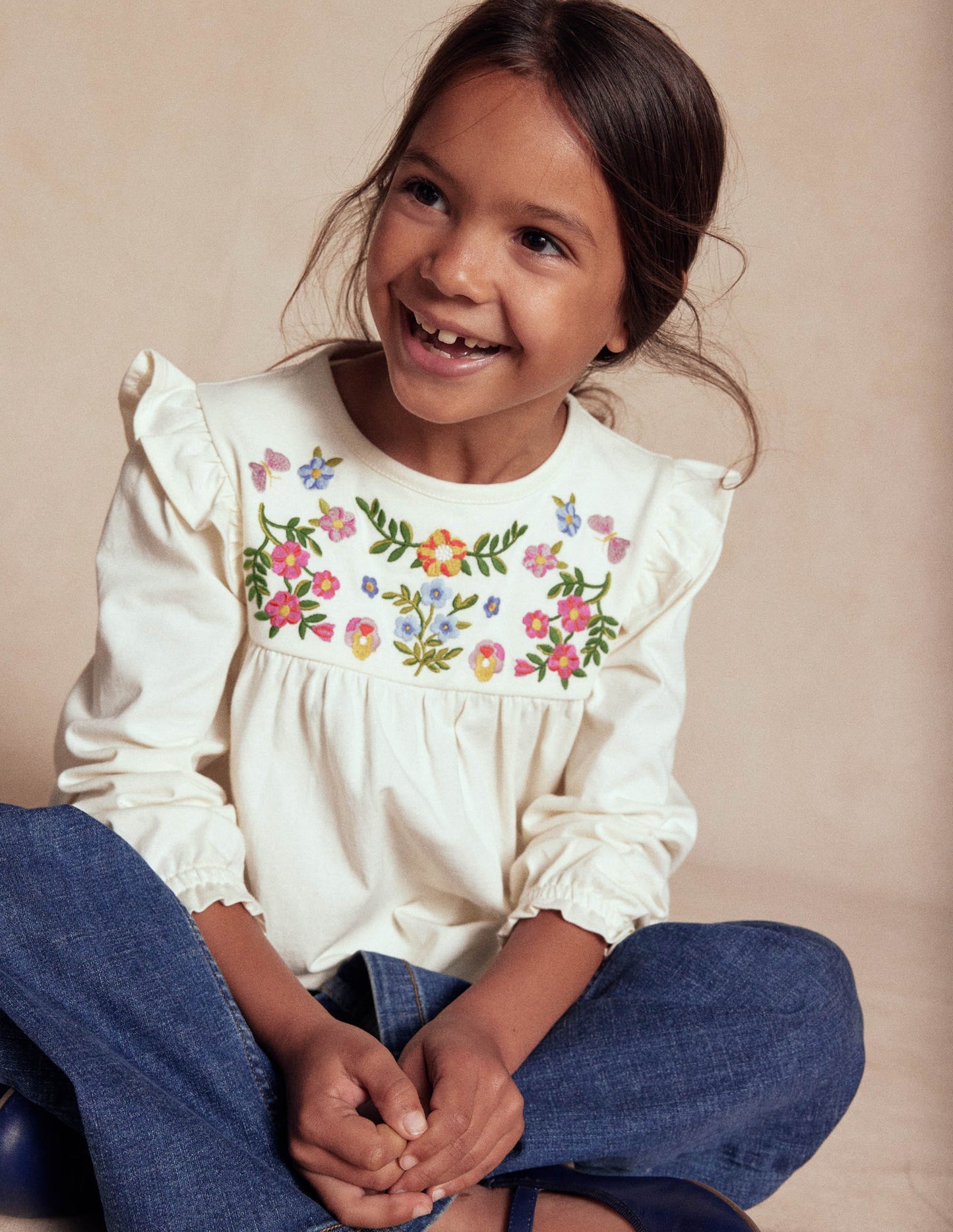 Embroidered Jersey Yoke Top-Soft Ivory Embroidery