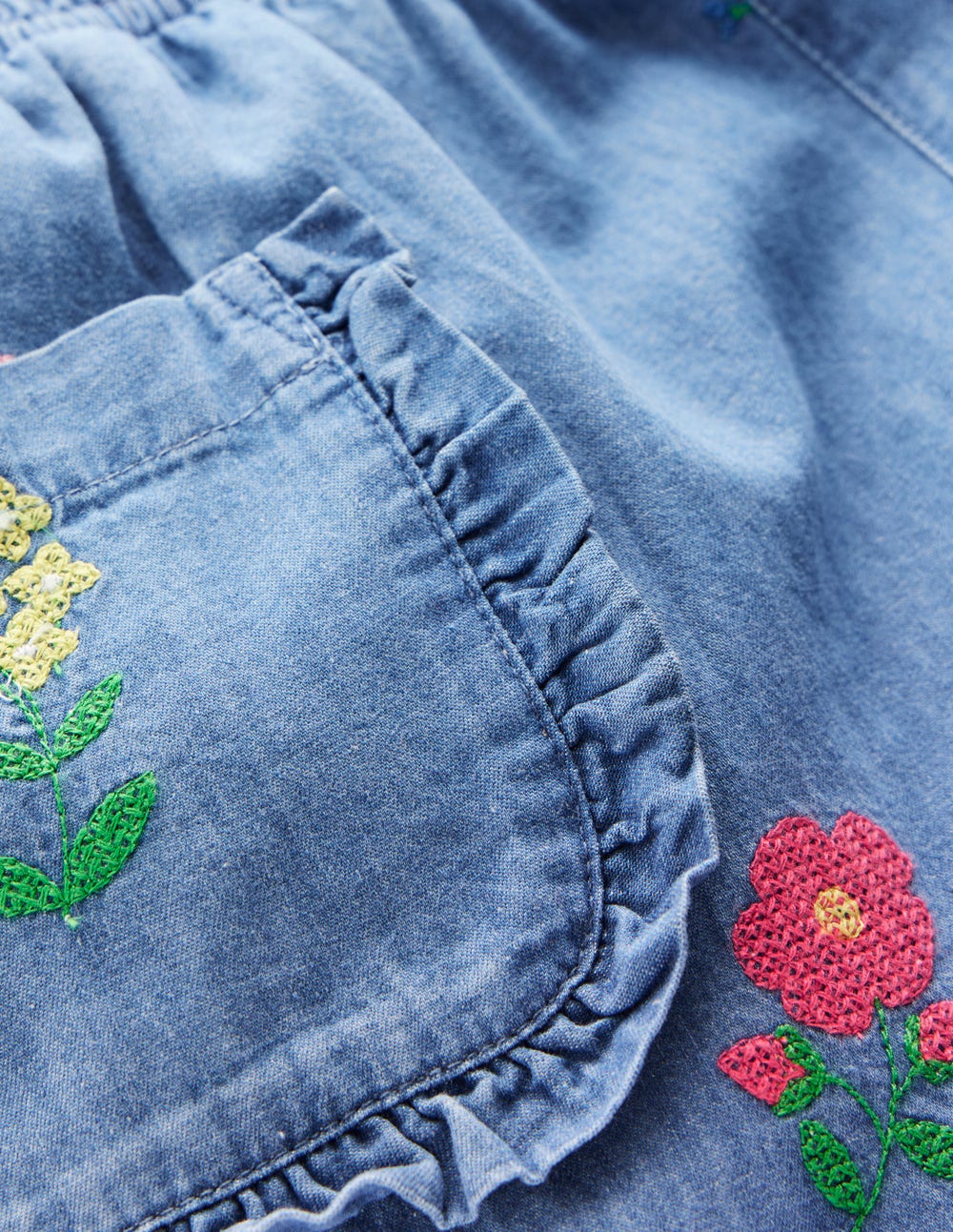 Nostalgic Frill Trousers-Chambray Cross Stitch Flowers